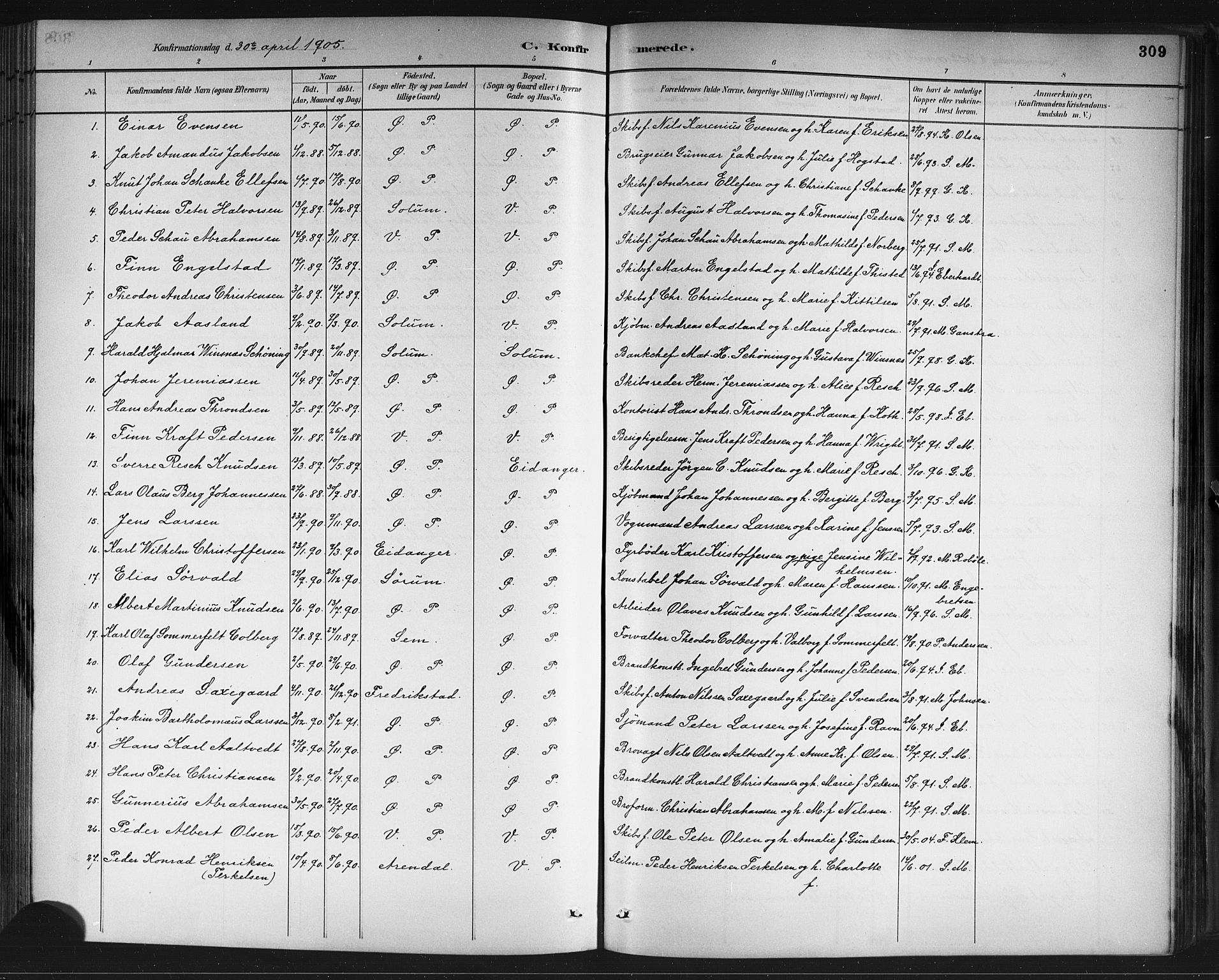 Porsgrunn kirkebøker , SAKO/A-104/G/Gb/L0005: Parish register (copy) no. II 5, 1883-1915, p. 309