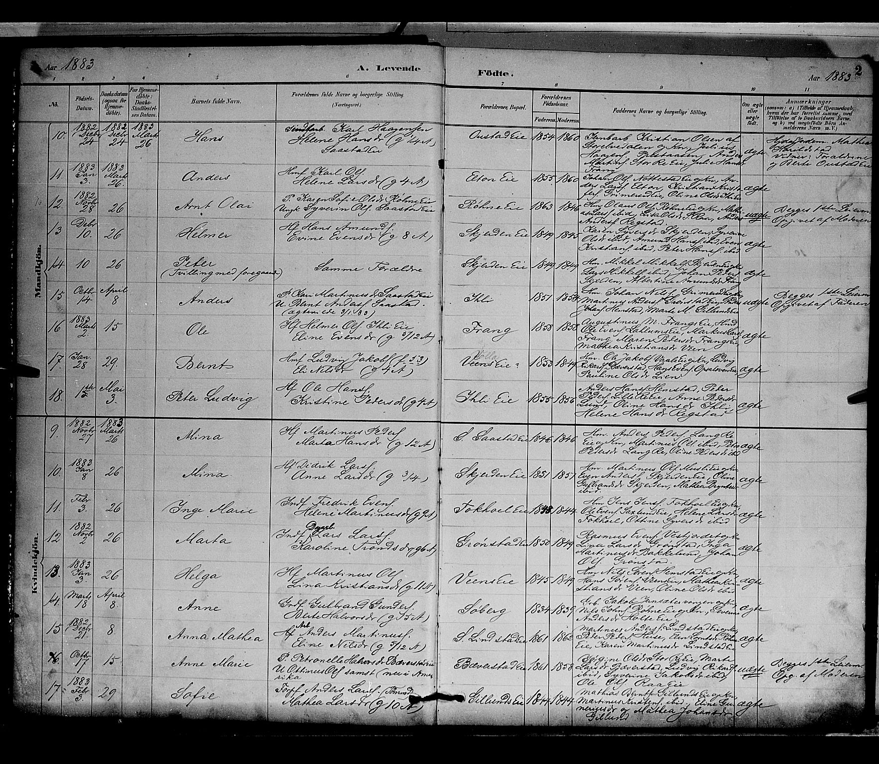 Stange prestekontor, AV/SAH-PREST-002/L/L0009: Parish register (copy) no. 9, 1883-1899, p. 2