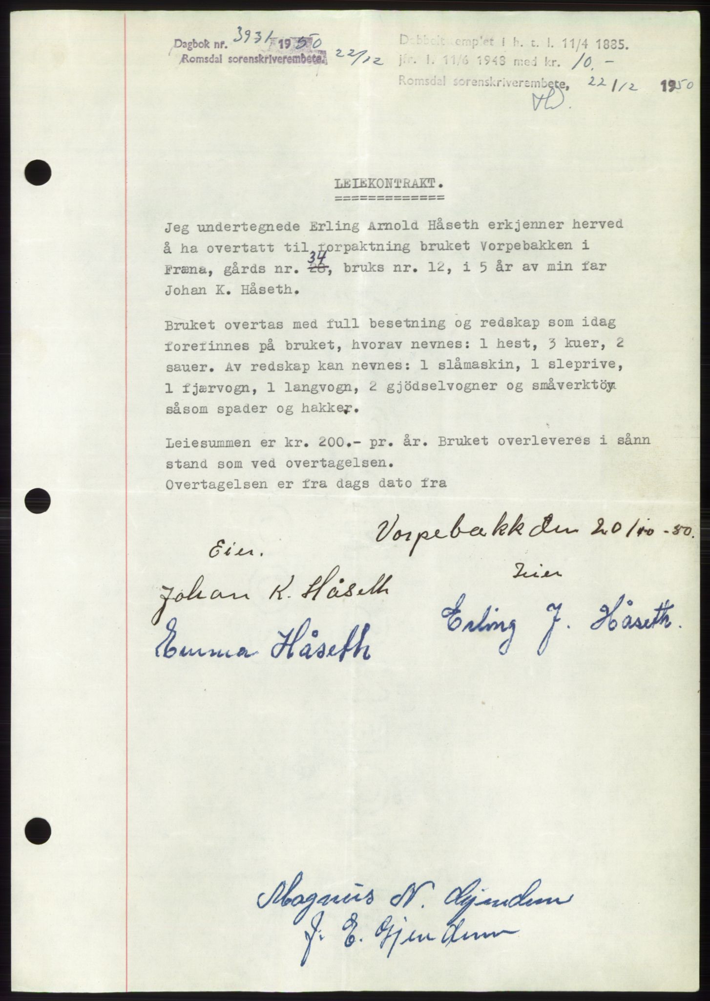 Romsdal sorenskriveri, AV/SAT-A-4149/1/2/2C: Mortgage book no. B5, 1949-1950, Diary no: : 3931/1950