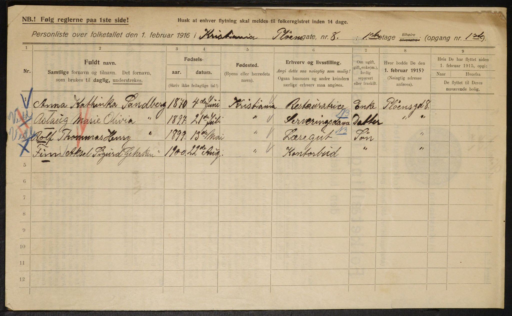 OBA, Municipal Census 1916 for Kristiania, 1916, p. 82864