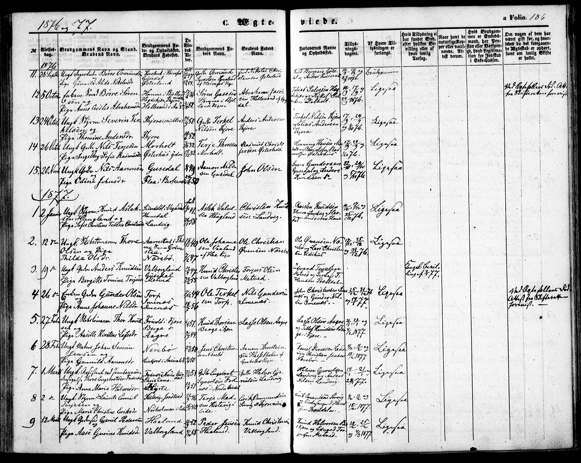 Hommedal sokneprestkontor, AV/SAK-1111-0023/F/Fa/Fab/L0005: Parish register (official) no. A 5, 1861-1877, p. 186