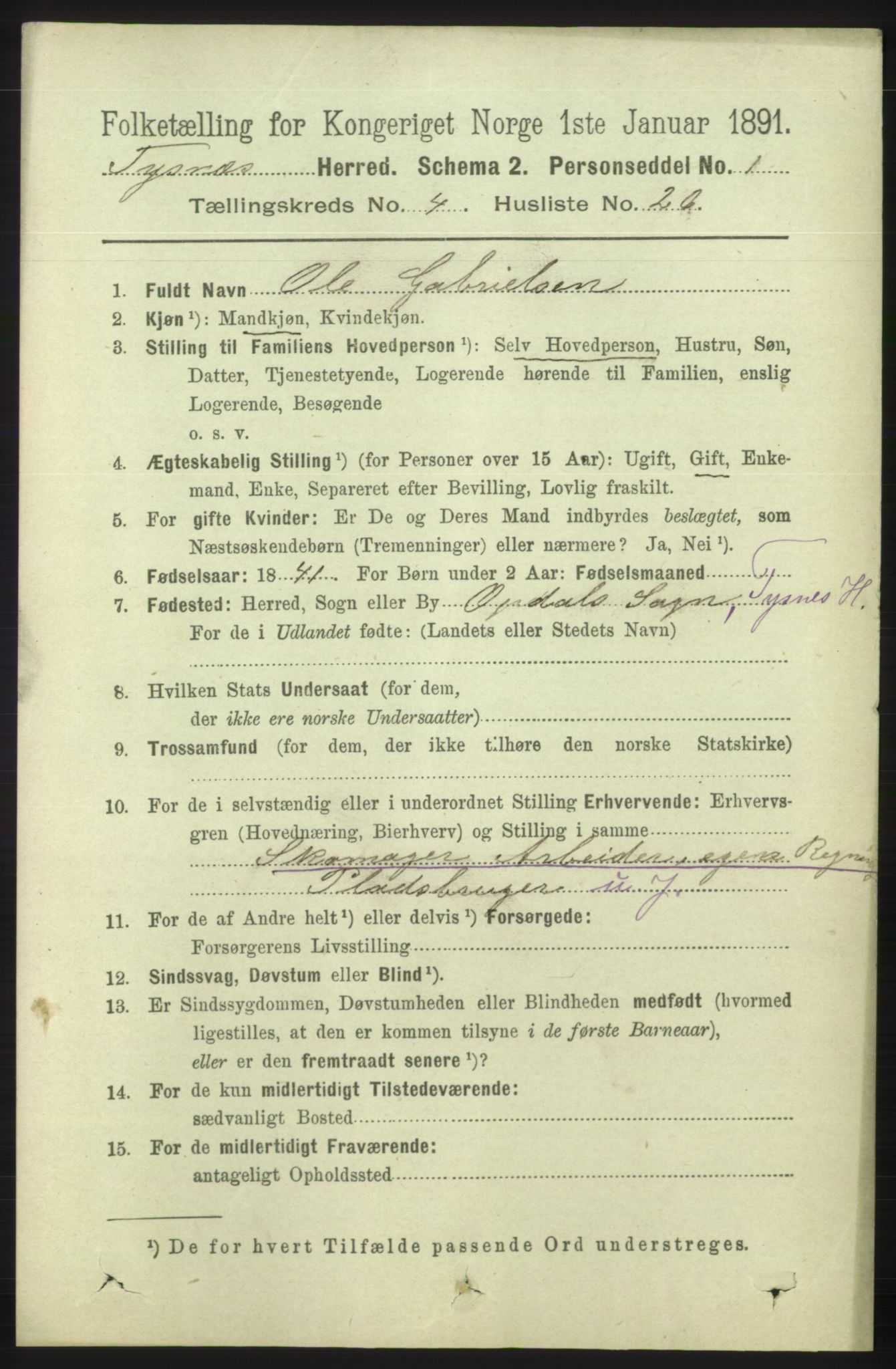 RA, 1891 census for 1223 Tysnes, 1891, p. 1679