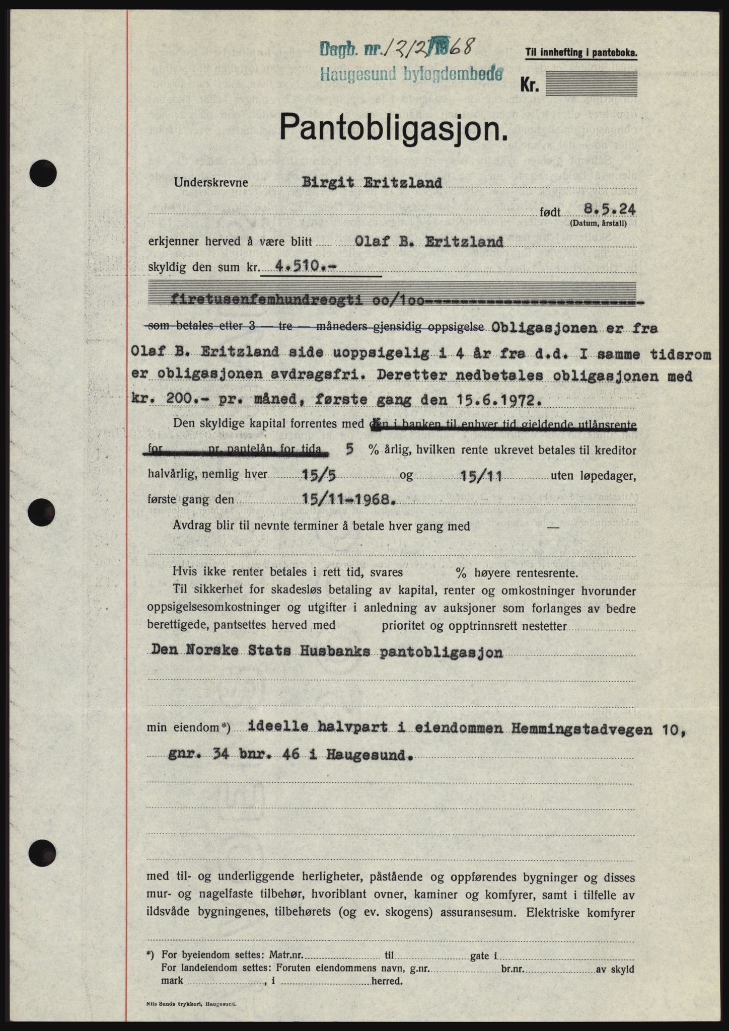 Haugesund tingrett, SAST/A-101415/01/II/IIC/L0058: Mortgage book no. B 58, 1967-1968, Diary no: : 1212/1968