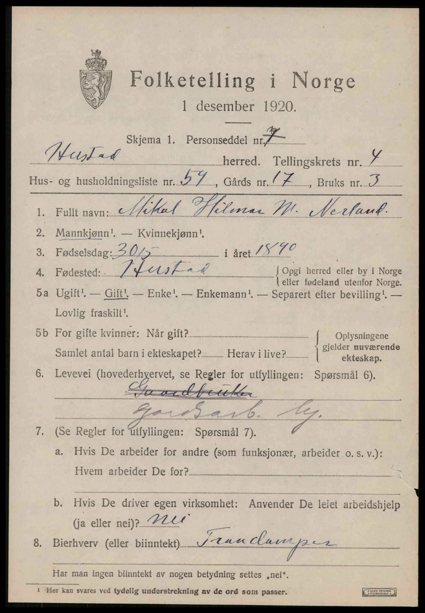 SAT, 1920 census for Hustad, 1920, p. 3583