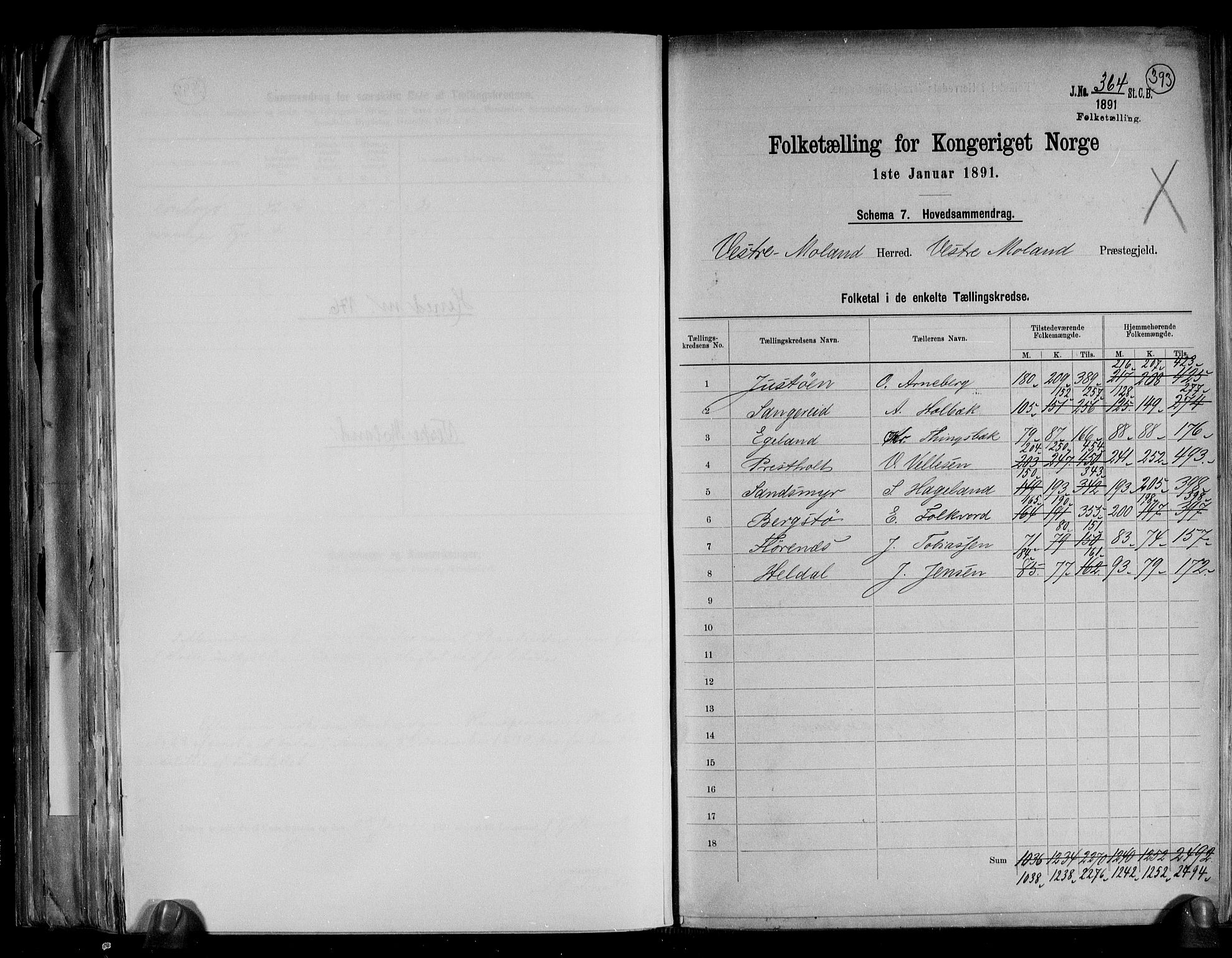 RA, 1891 census for 0926 Vestre Moland, 1891, p. 2