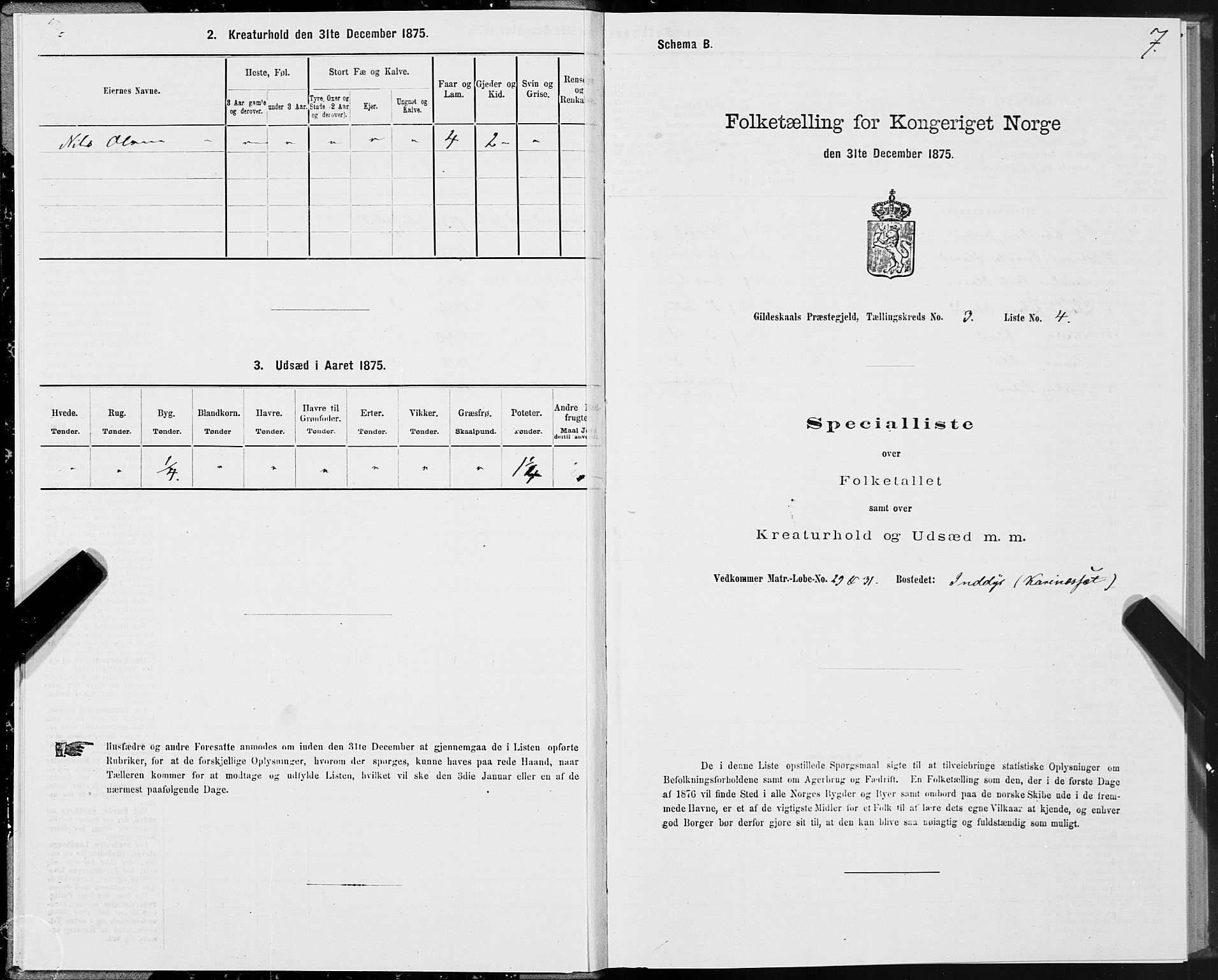 SAT, 1875 census for 1838P Gildeskål, 1875, p. 2007