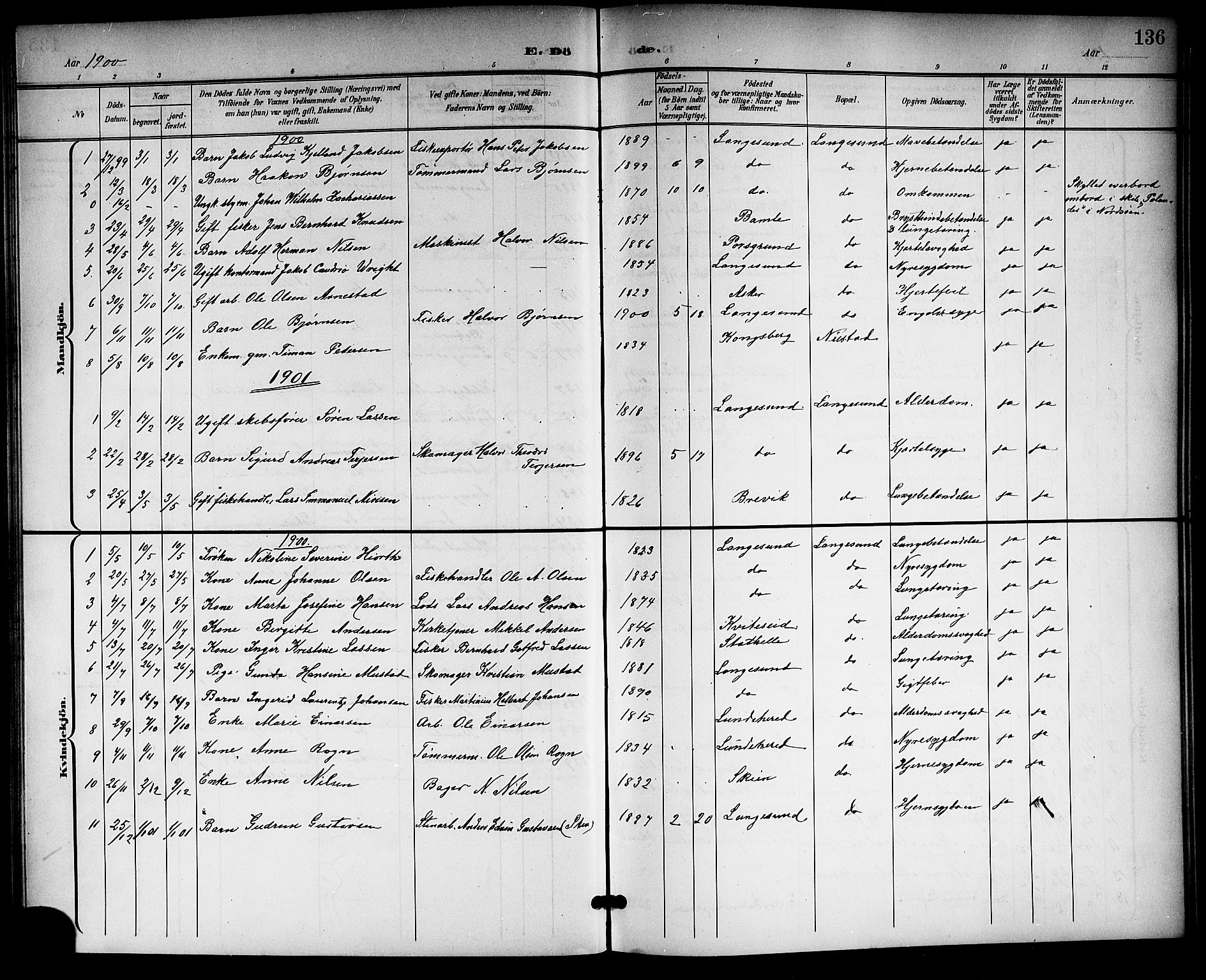 Langesund kirkebøker, SAKO/A-280/G/Ga/L0006: Parish register (copy) no. 6, 1899-1918, p. 136