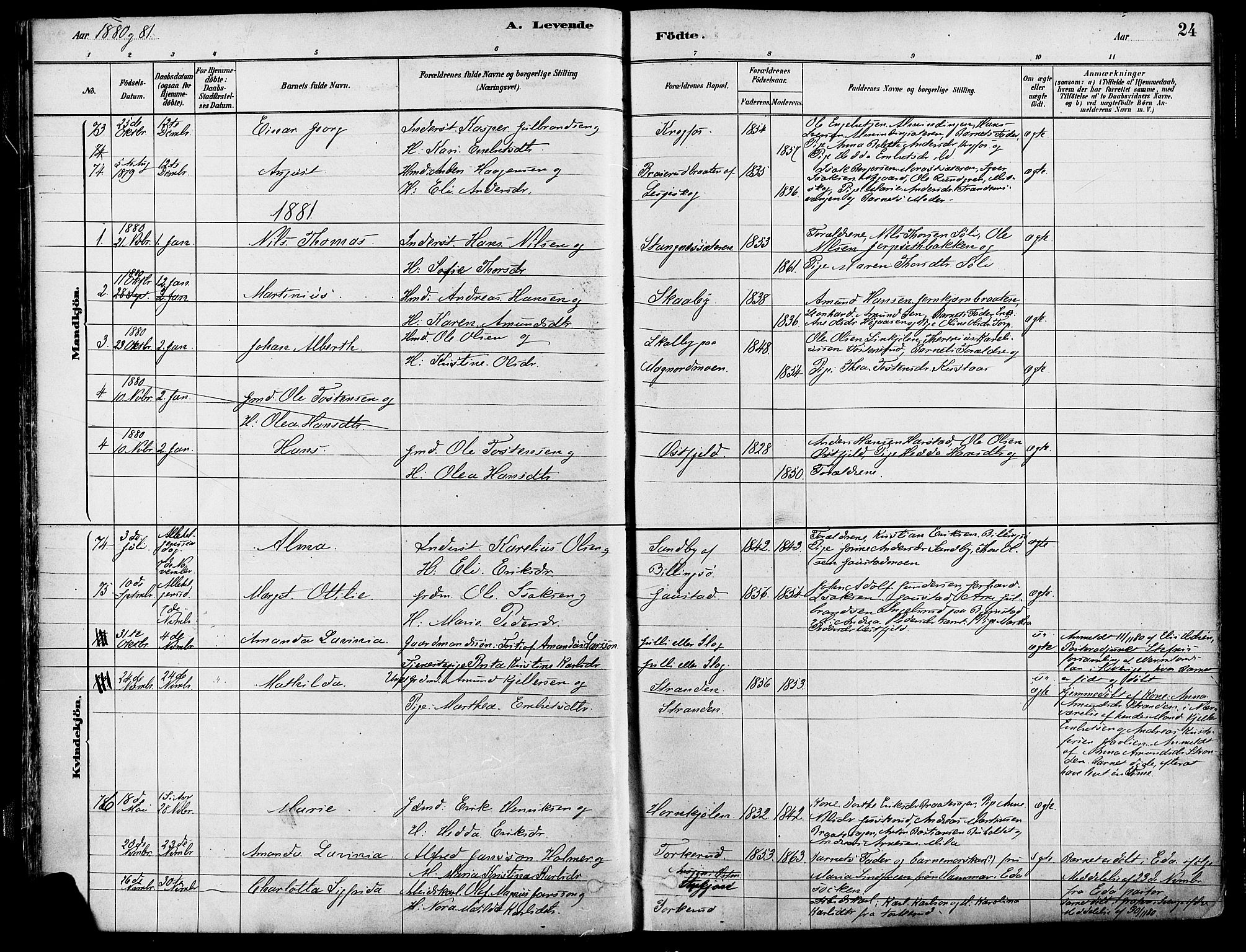 Eidskog prestekontor, AV/SAH-PREST-026/H/Ha/Haa/L0003: Parish register (official) no. 3, 1879-1892, p. 24