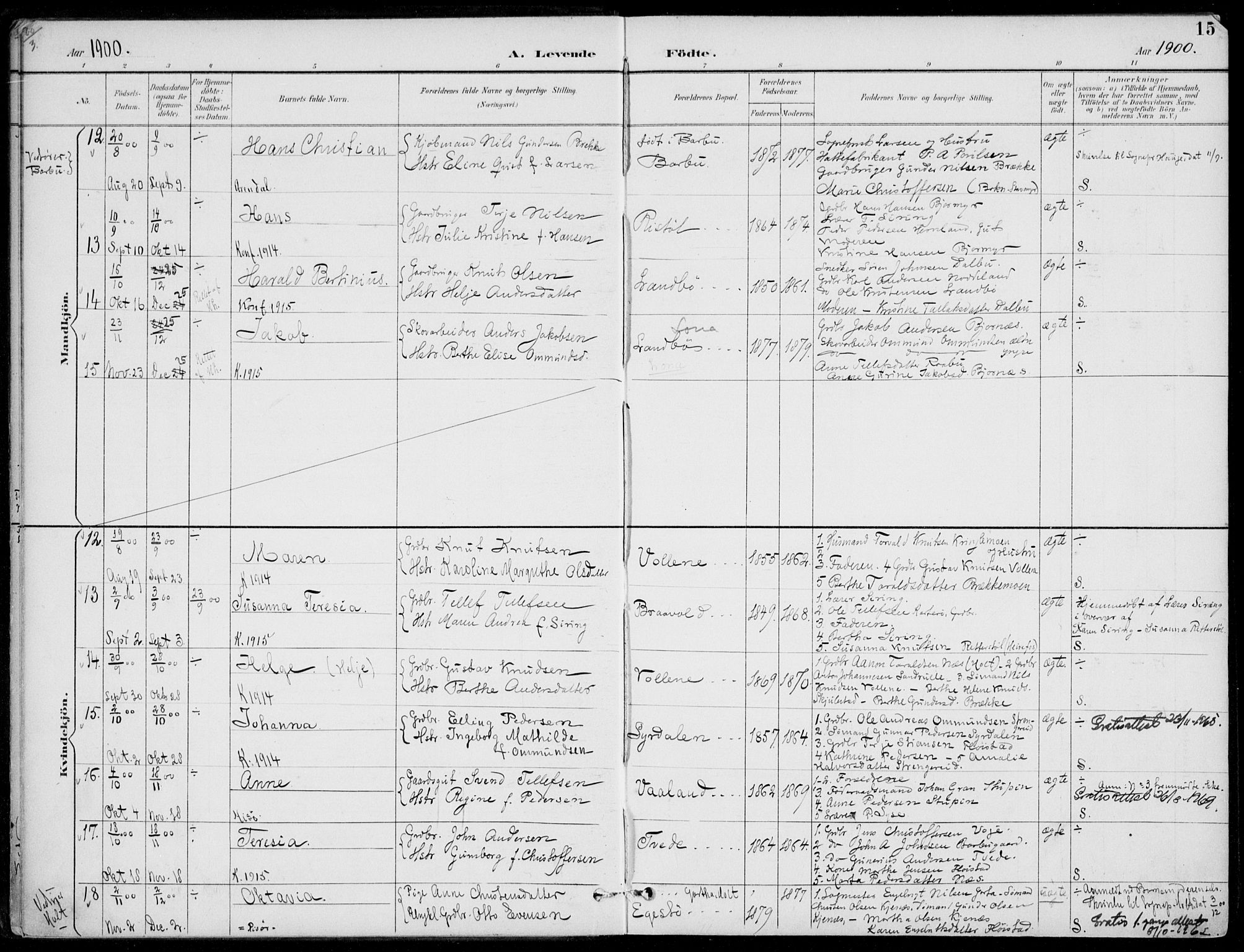 Austre Moland sokneprestkontor, SAK/1111-0001/F/Fa/Faa/L0011: Parish register (official) no. A 11, 1894-1915, p. 15