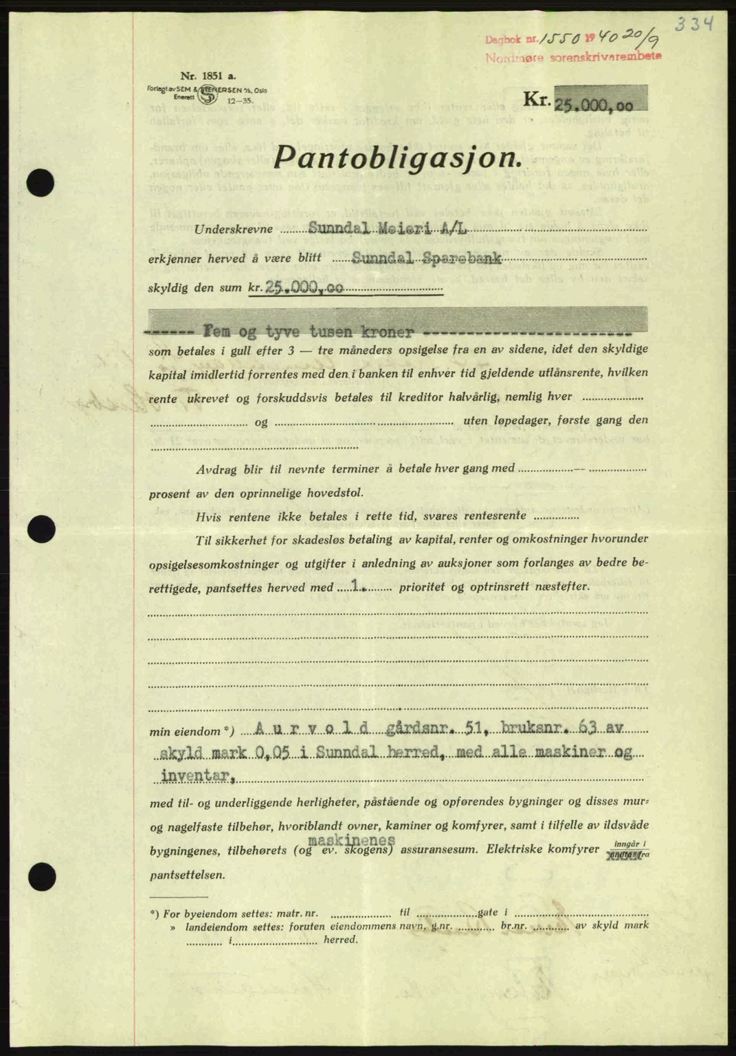 Nordmøre sorenskriveri, AV/SAT-A-4132/1/2/2Ca: Mortgage book no. B87, 1940-1941, Diary no: : 1550/1940