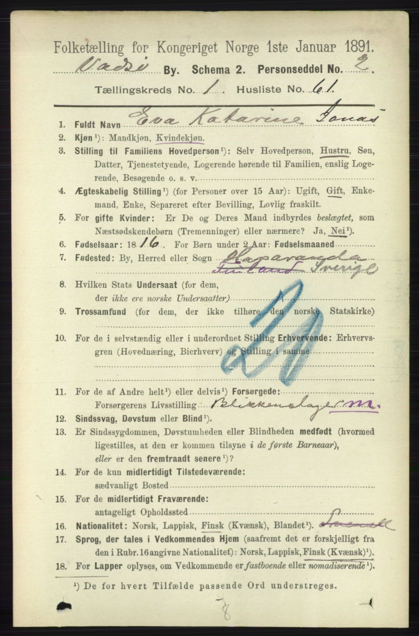 RA, 1891 census for 2003 Vadsø, 1891, p. 581