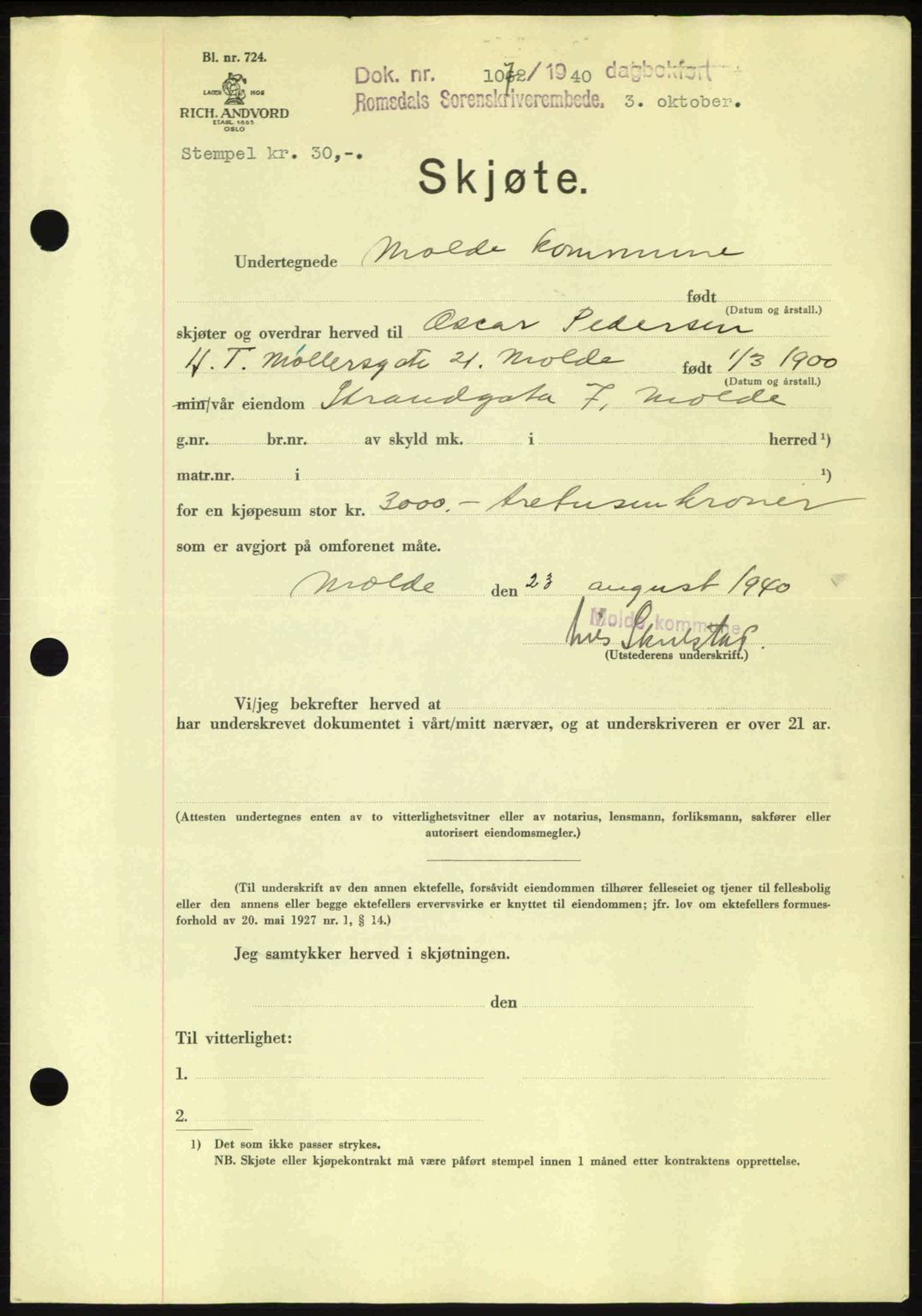 Romsdal sorenskriveri, AV/SAT-A-4149/1/2/2C: Mortgage book no. A8, 1939-1940, Diary no: : 1072/1940