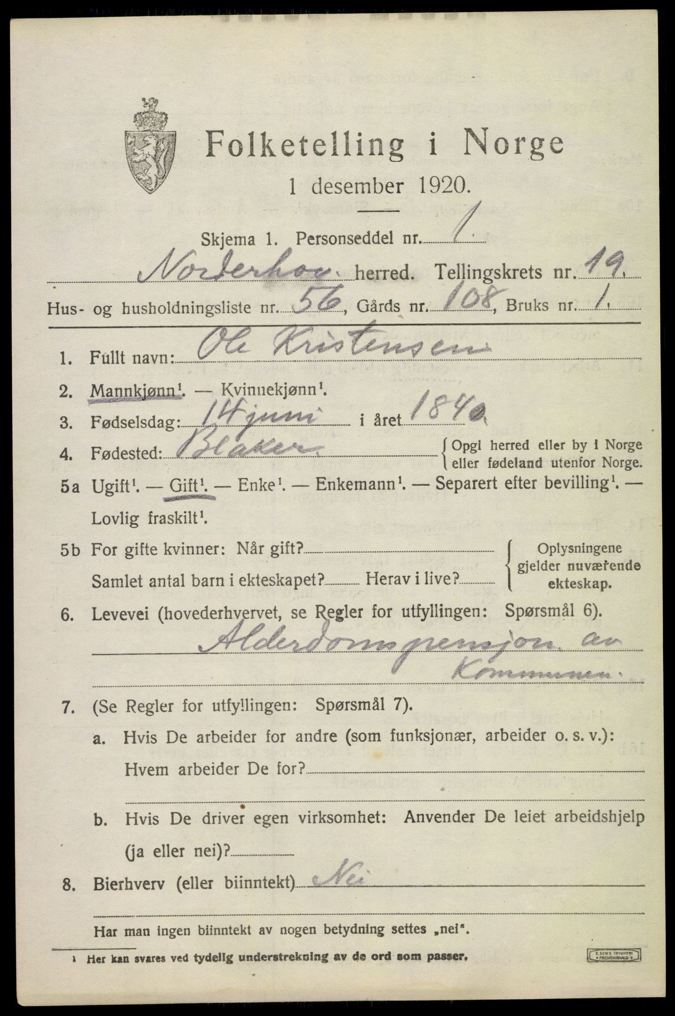 SAKO, 1920 census for Norderhov, 1920, p. 20962