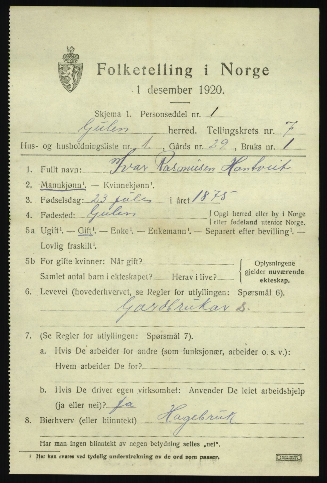 SAB, 1920 census for Gulen, 1920, p. 2993