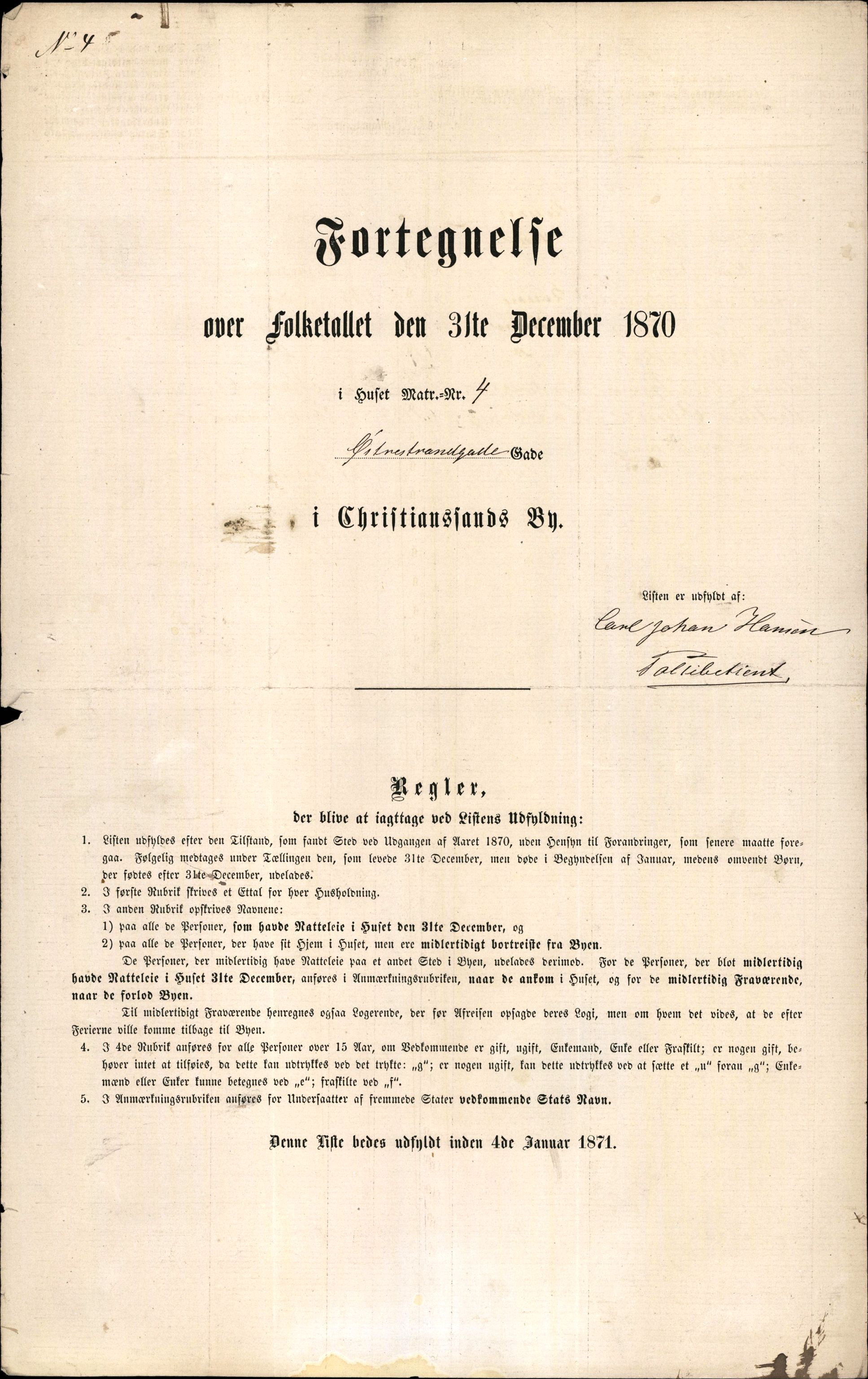 RA, 1870 census for 1001 Kristiansand, 1870, p. 9