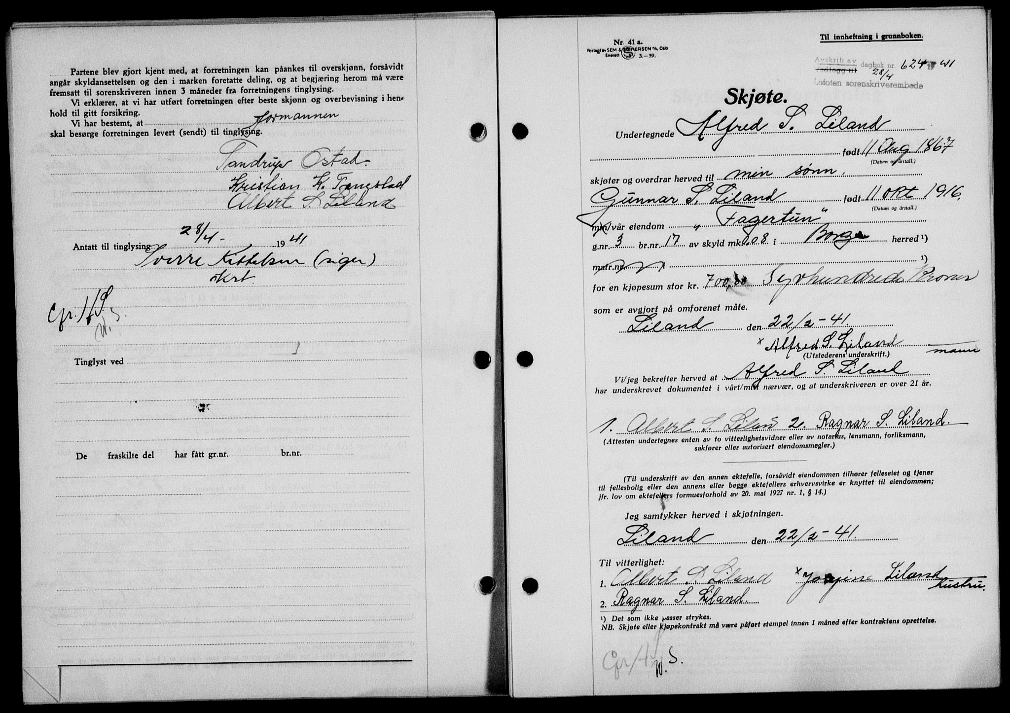 Lofoten sorenskriveri, SAT/A-0017/1/2/2C/L0008a: Mortgage book no. 8a, 1940-1941, Diary no: : 624/1941