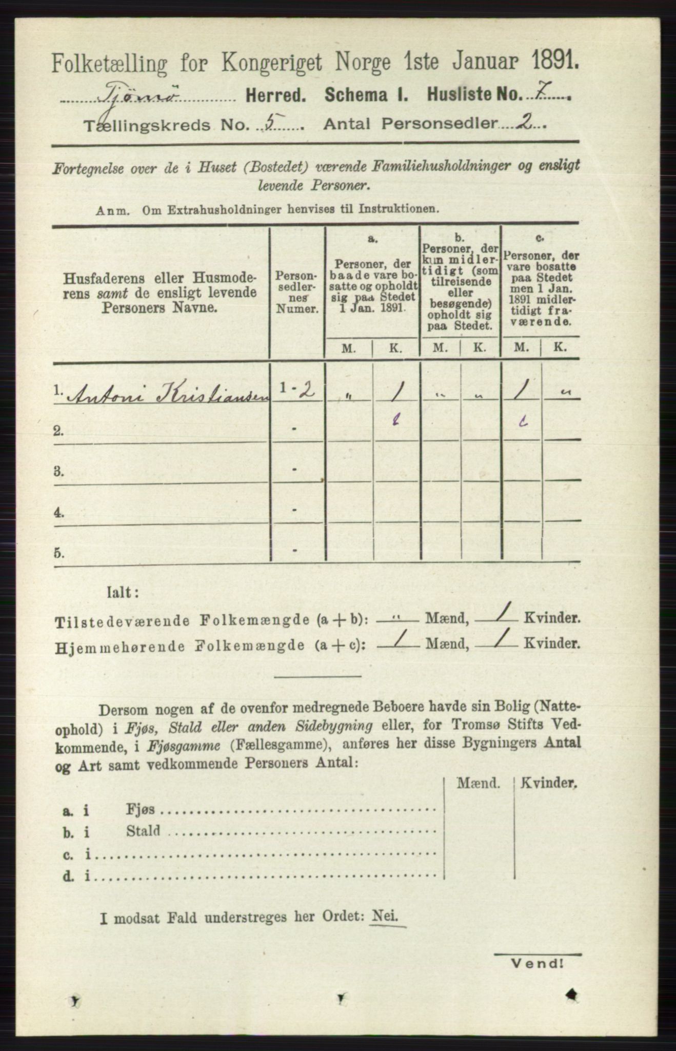 RA, 1891 census for 0723 Tjøme, 1891, p. 1607