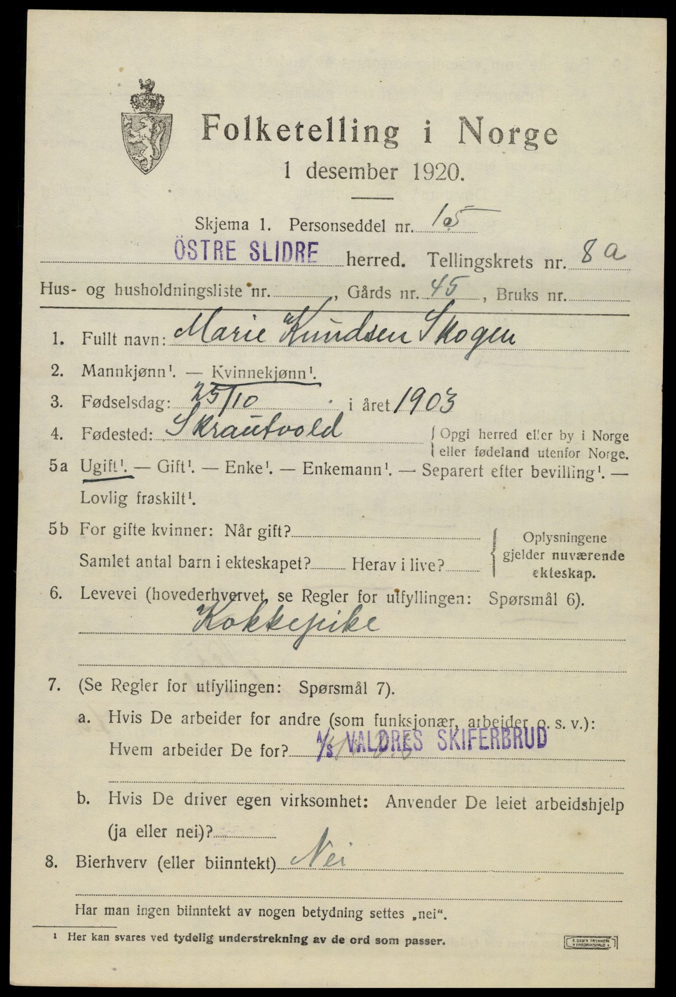SAH, 1920 census for Øystre Slidre, 1920, p. 5339