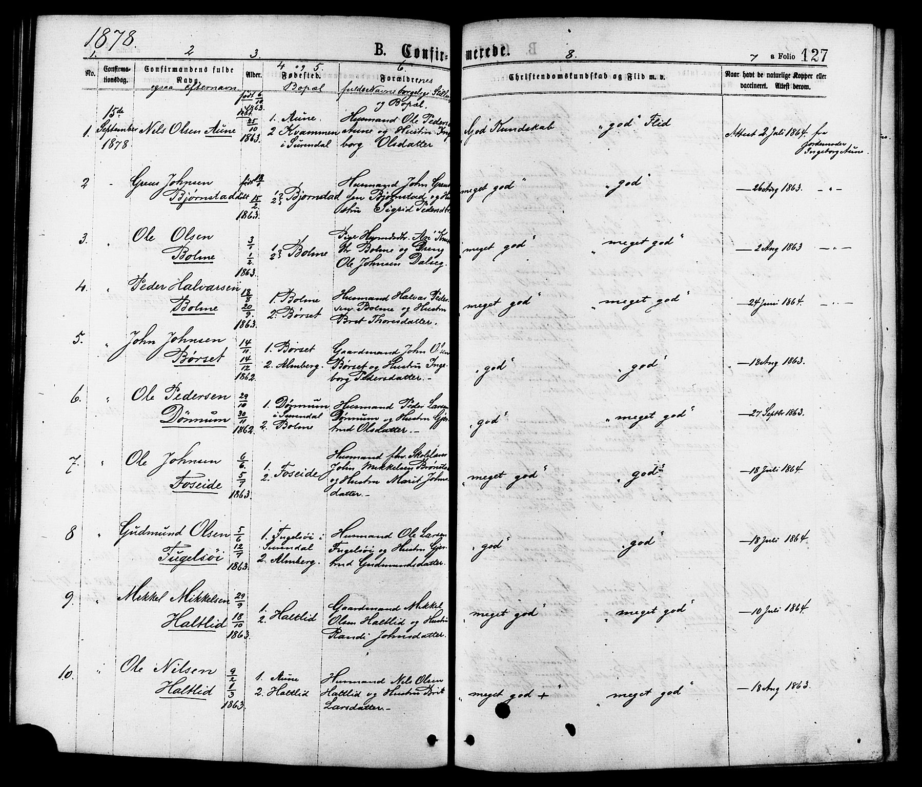 Ministerialprotokoller, klokkerbøker og fødselsregistre - Møre og Romsdal, SAT/A-1454/598/L1068: Parish register (official) no. 598A02, 1872-1881, p. 127