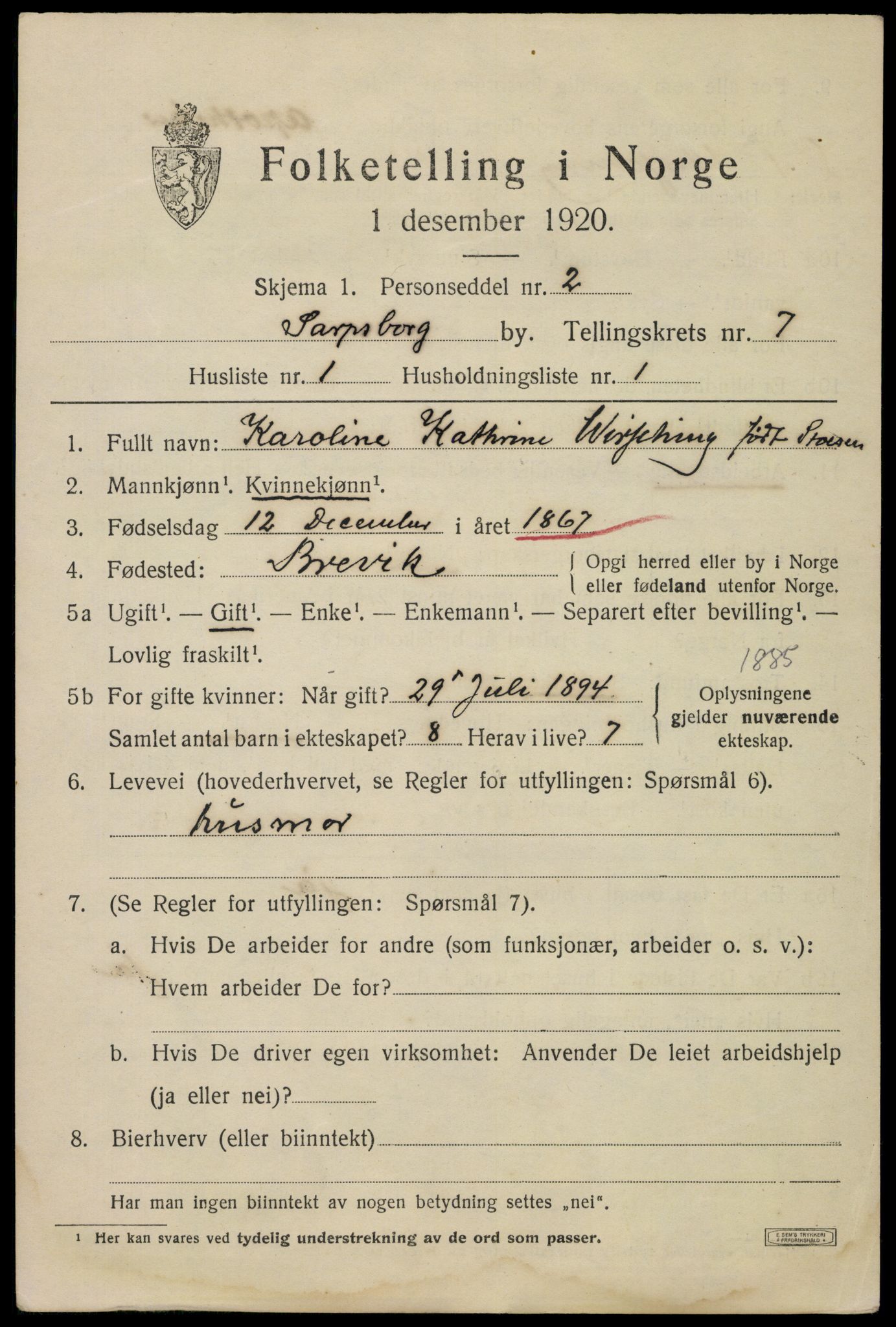 SAO, 1920 census for Sarpsborg, 1920, p. 16036