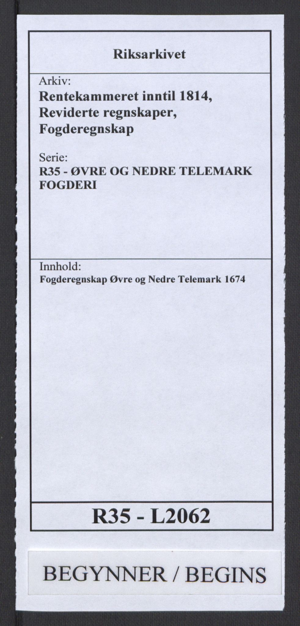 Rentekammeret inntil 1814, Reviderte regnskaper, Fogderegnskap, AV/RA-EA-4092/R35/L2062: Fogderegnskap Øvre og Nedre Telemark, 1674, p. 1