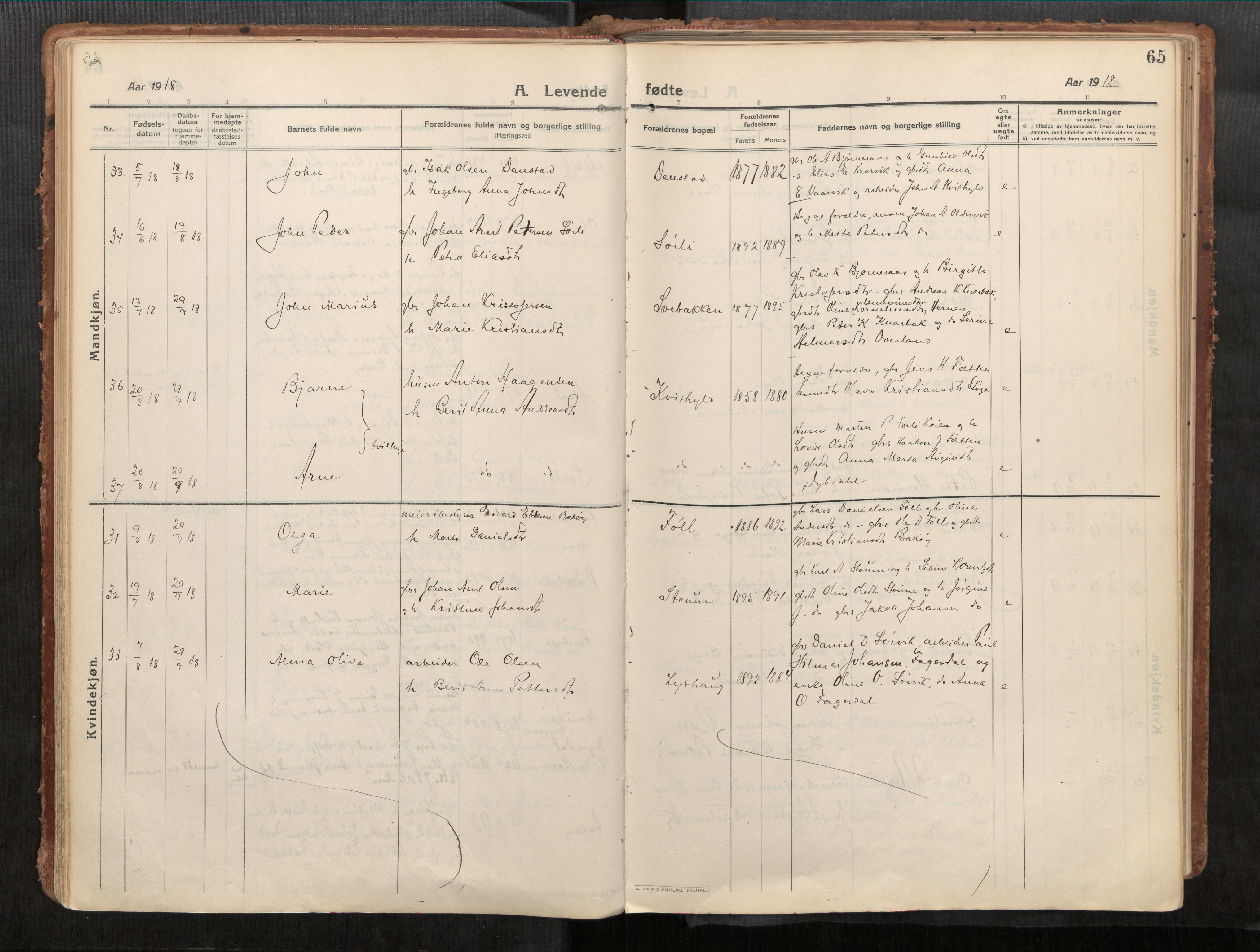 Stadsbygd sokneprestkontor, AV/SAT-A-1117/1/I/I1/I1a/L0001: Parish register (official) no. 1, 1911-1929, p. 65