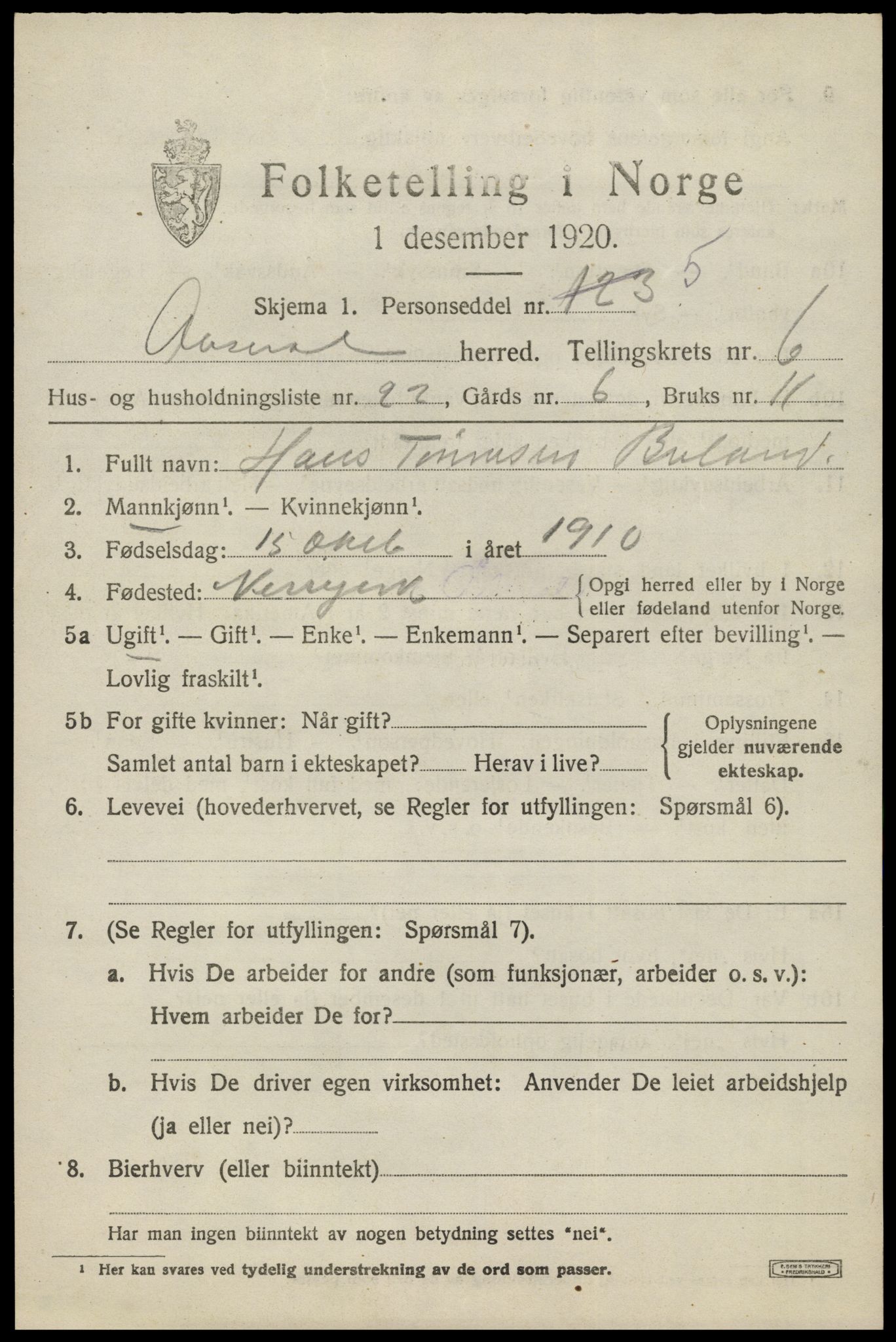 SAK, 1920 census for Åseral, 1920, p. 2042