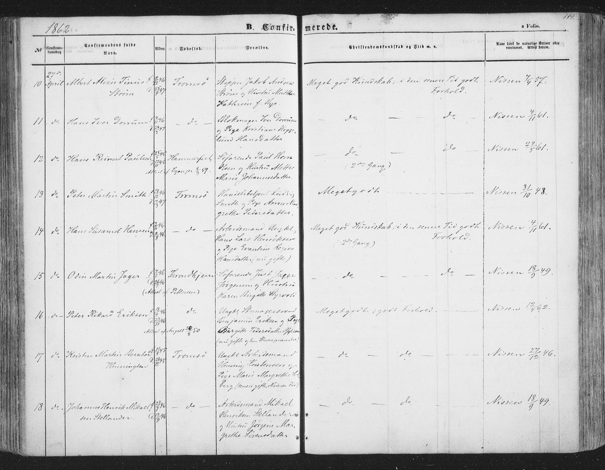 Tromsø sokneprestkontor/stiftsprosti/domprosti, AV/SATØ-S-1343/G/Ga/L0011kirke: Parish register (official) no. 11, 1856-1865, p. 119