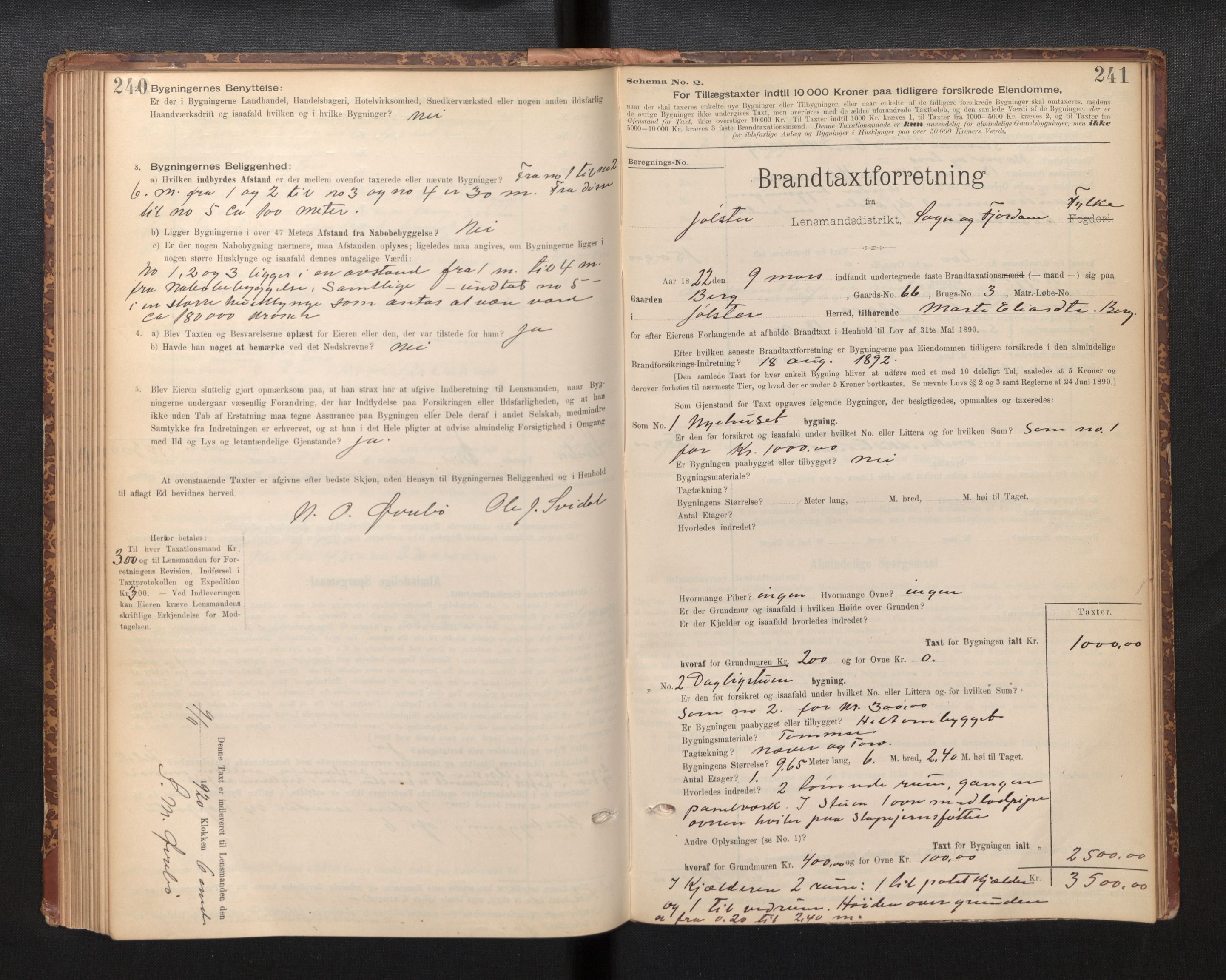 Lensmannen i Jølster, SAB/A-28701/0012/L0004: Branntakstprotokoll, skjematakst, 1895-1923, p. 240-241