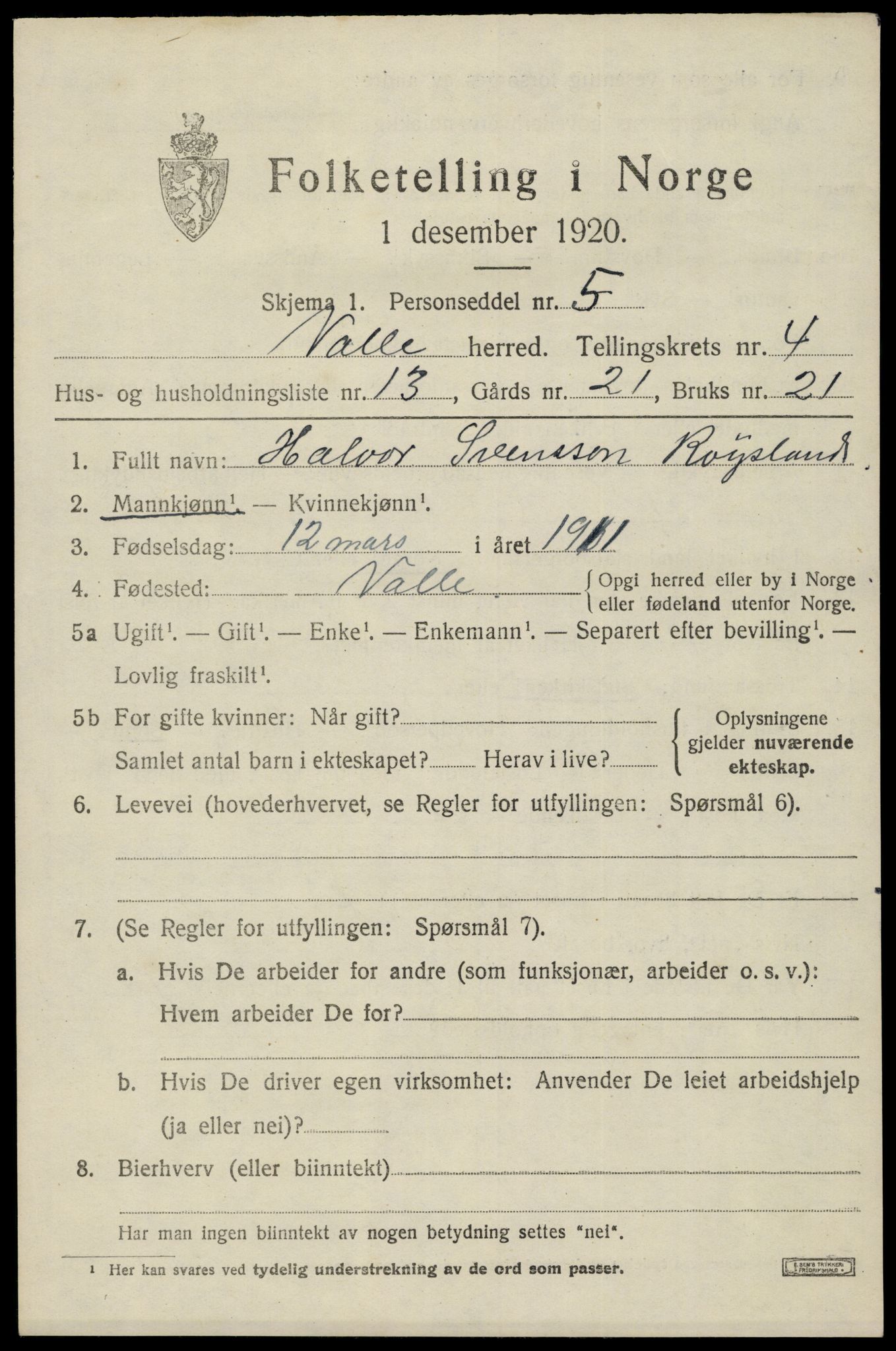 SAK, 1920 census for Valle, 1920, p. 2133