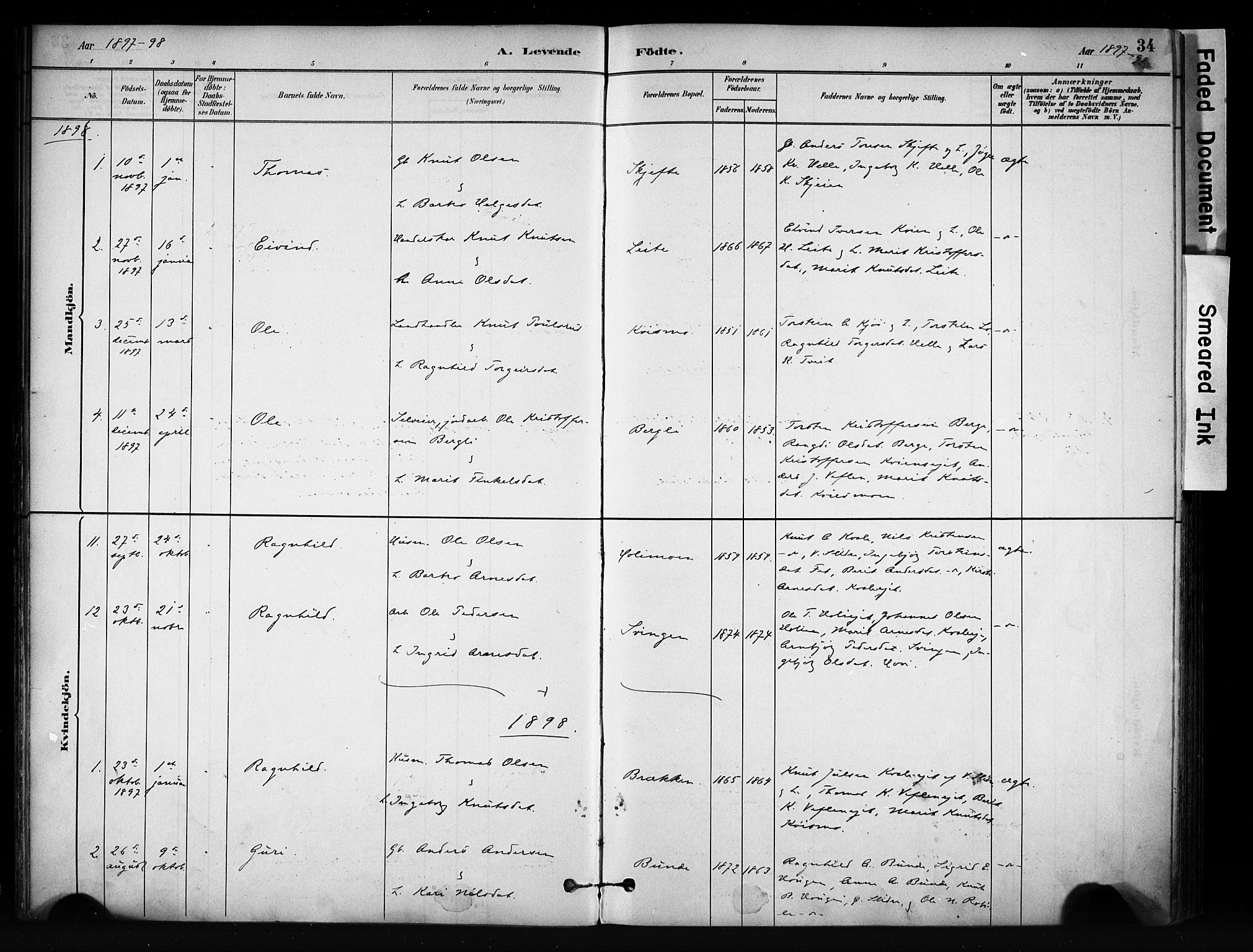 Vang prestekontor, Valdres, SAH/PREST-140/H/Ha/L0009: Parish register (official) no. 9, 1882-1914, p. 34
