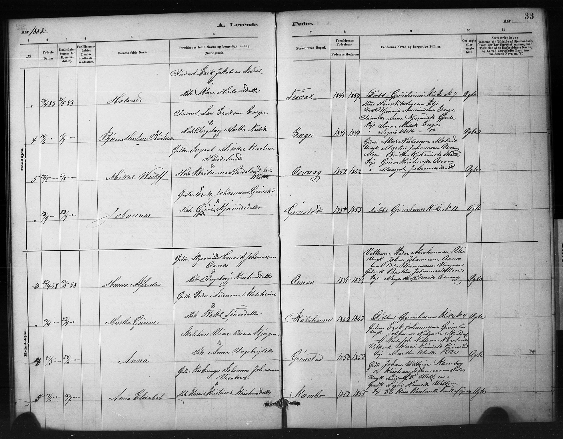 Etne sokneprestembete, SAB/A-75001/H/Hab: Parish register (copy) no. A 5, 1879-1896, p. 33