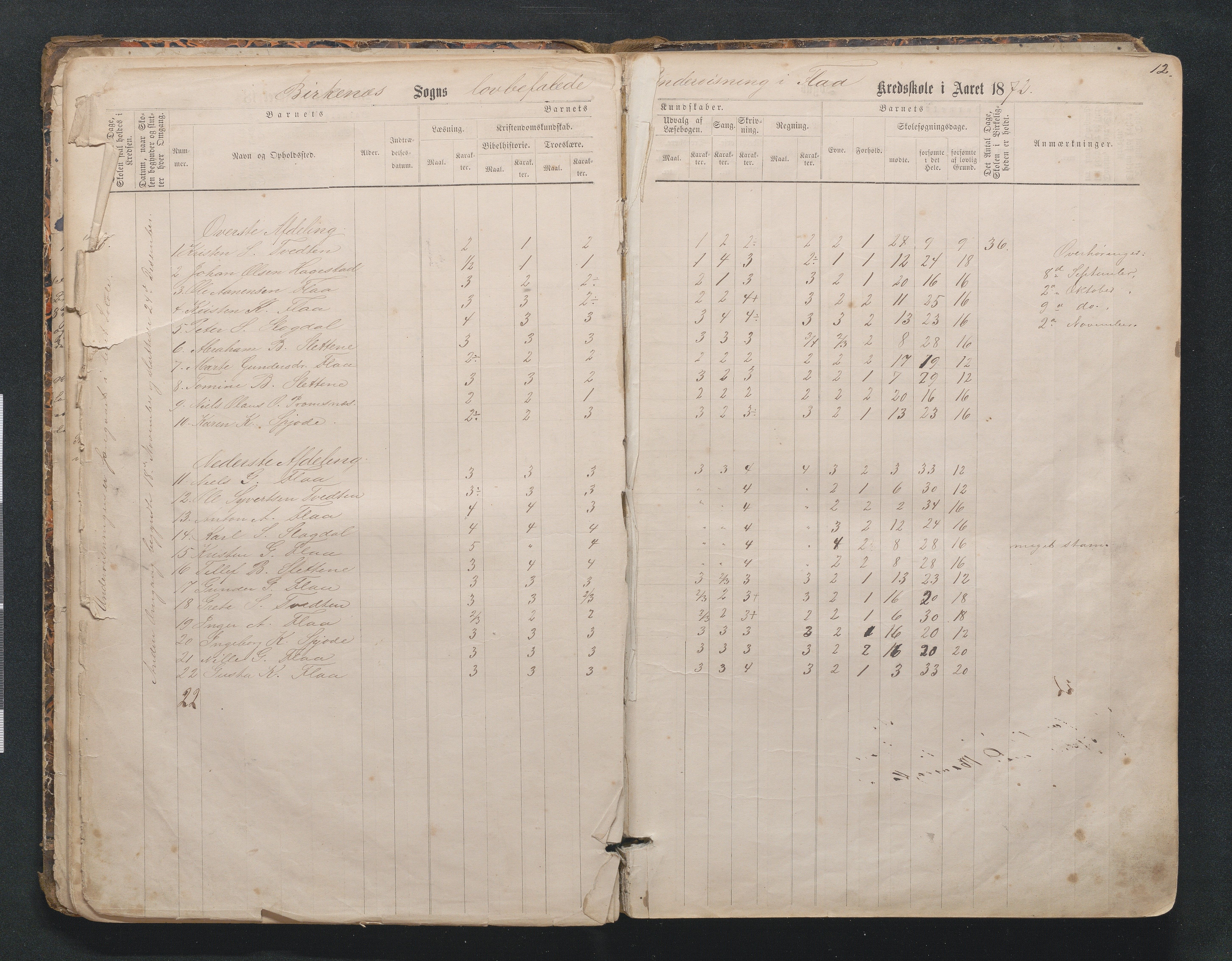 Birkenes kommune, Mosfjell skolekrets, AAKS/KA0928-550f_91/F02/L0001: Skoleprotokoll Flå og Mosfjell, 1867-1909, p. 12