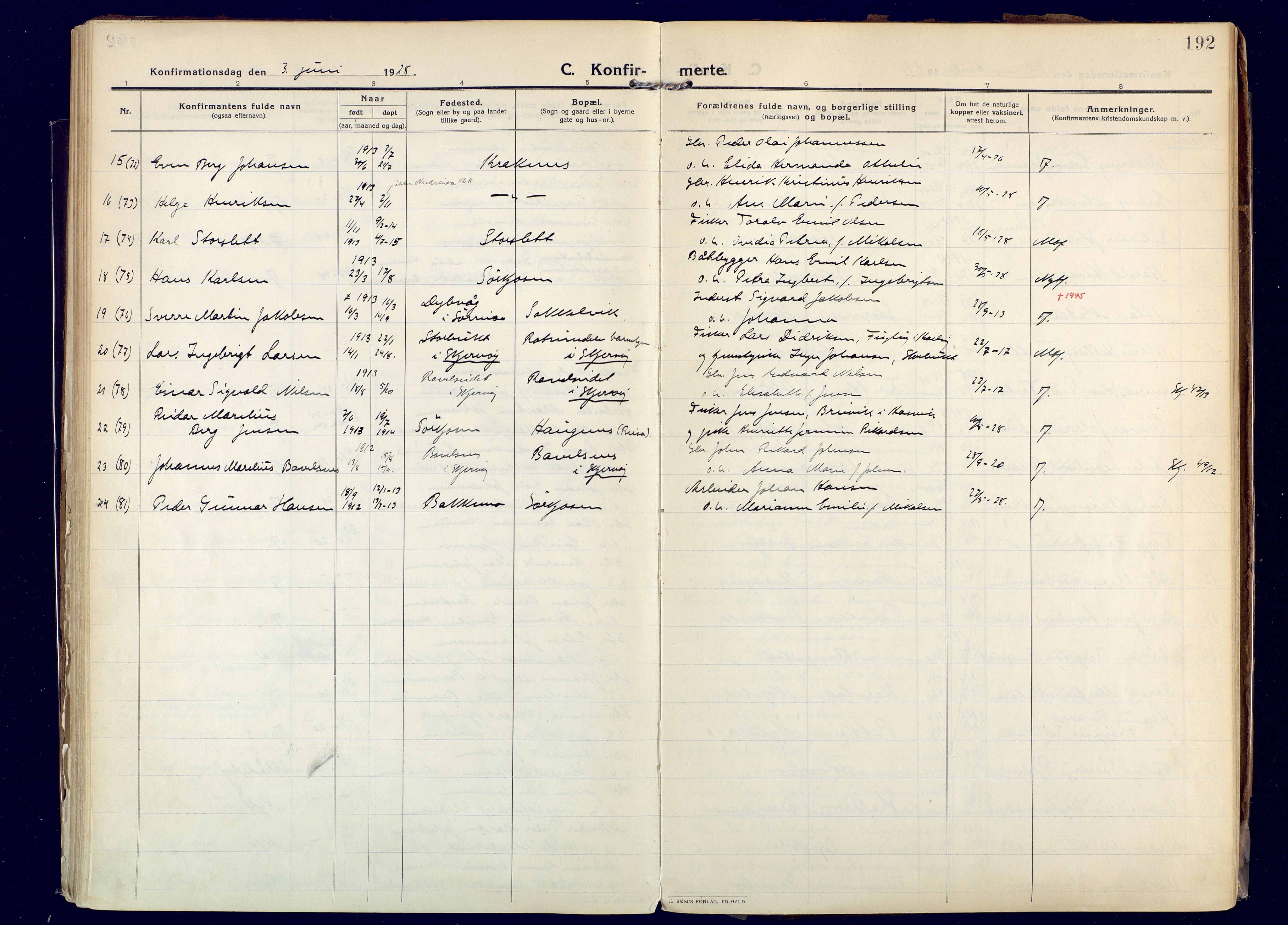 Skjervøy sokneprestkontor, AV/SATØ-S-1300/H/Ha/Haa: Parish register (official) no. 20, 1911-1931, p. 192