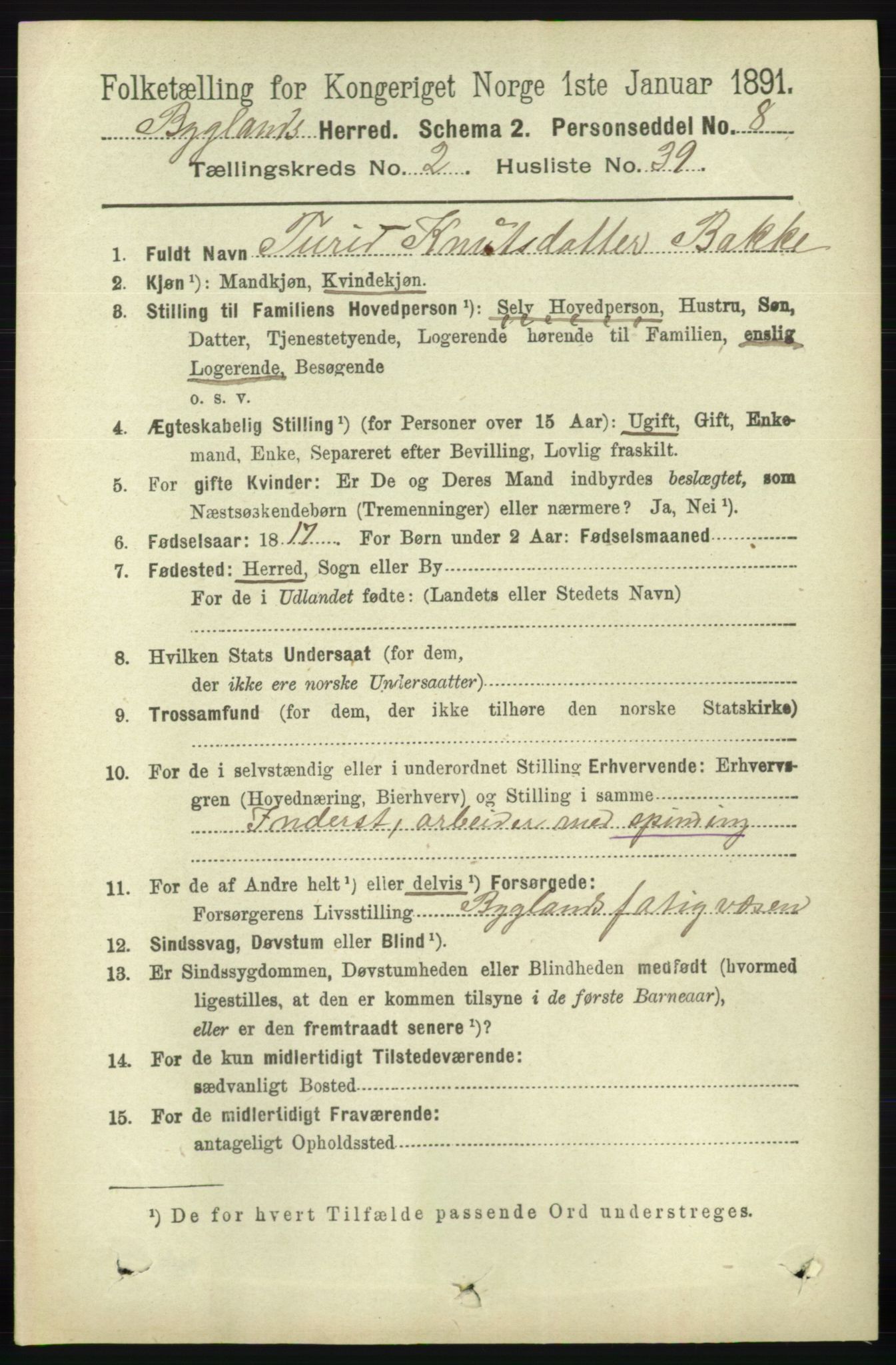 RA, 1891 census for 0938 Bygland, 1891, p. 522