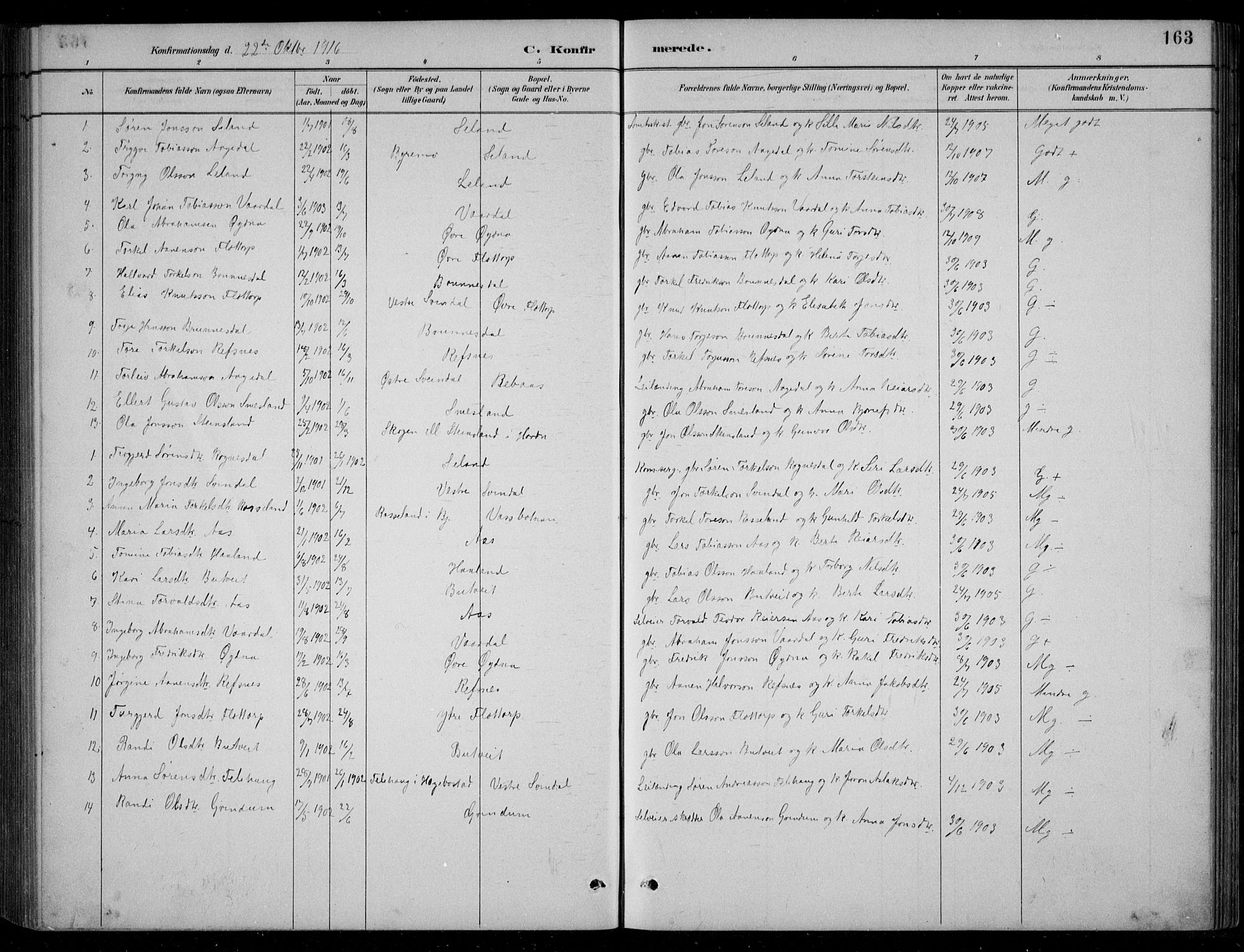 Bjelland sokneprestkontor, SAK/1111-0005/F/Fb/Fbc/L0003: Parish register (copy) no. B 3, 1887-1924, p. 163