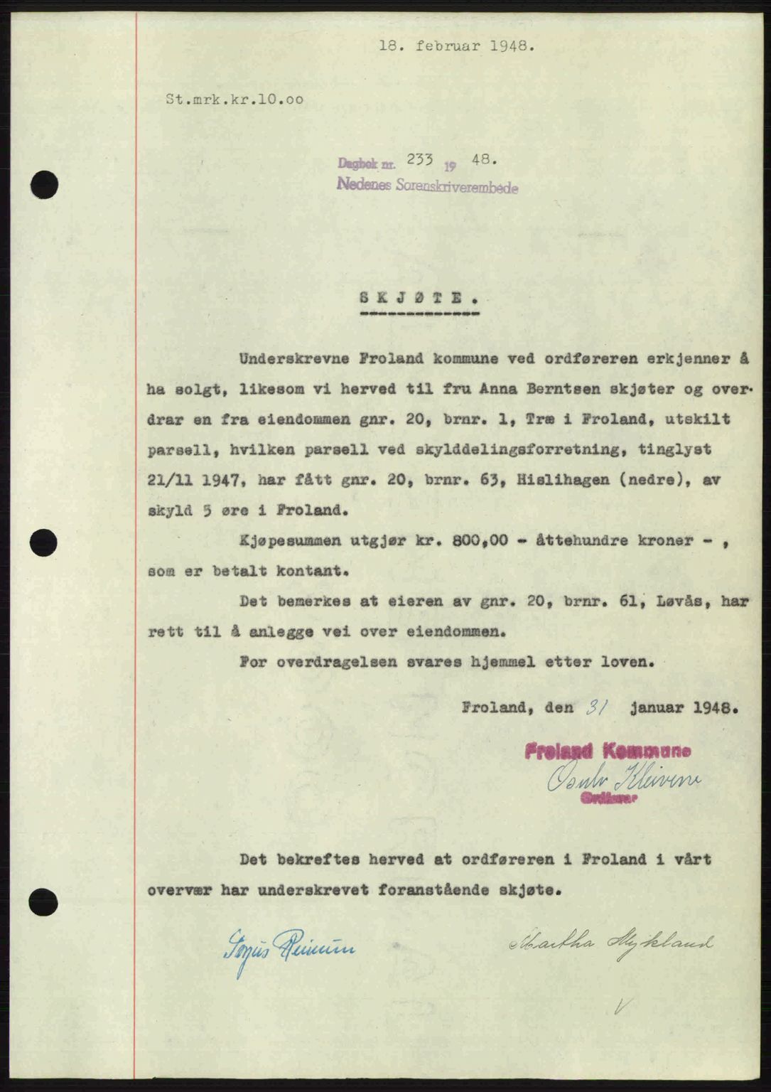 Nedenes sorenskriveri, SAK/1221-0006/G/Gb/Gba/L0058: Mortgage book no. A10, 1947-1948, Diary no: : 233/1948