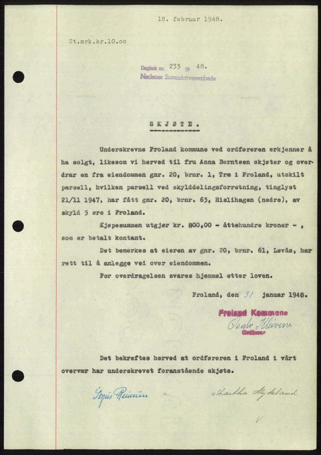 Nedenes sorenskriveri, AV/SAK-1221-0006/G/Gb/Gba/L0058: Mortgage book no. A10, 1947-1948, Diary no: : 233/1948