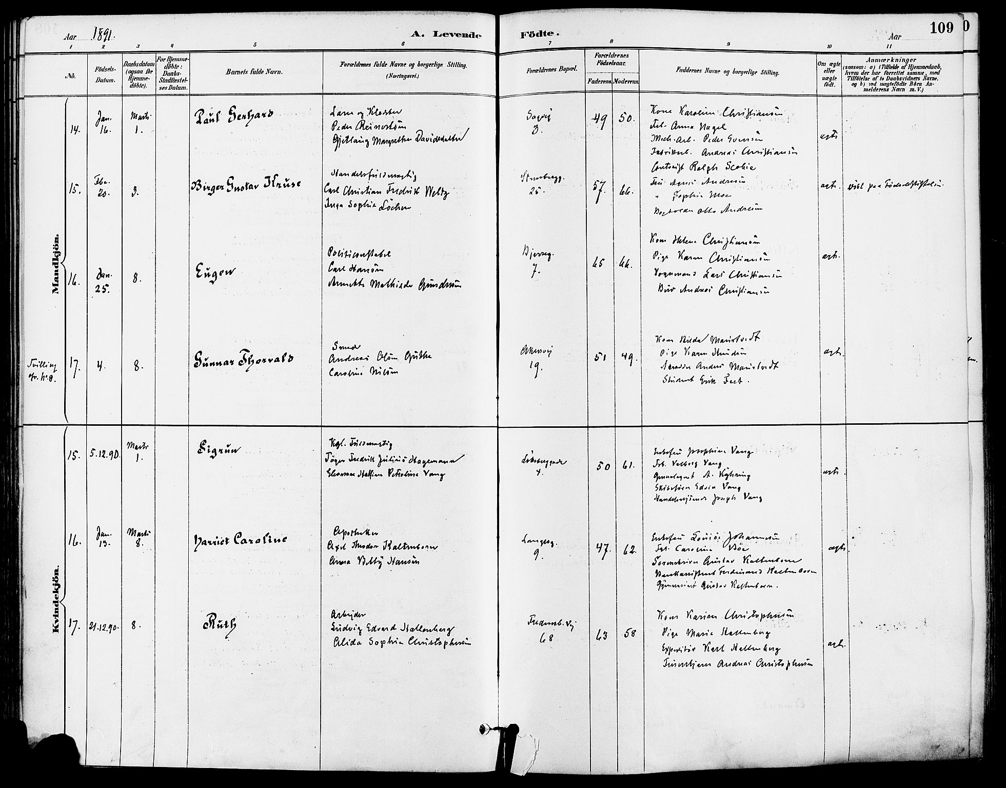 Gamle Aker prestekontor Kirkebøker, AV/SAO-A-10617a/F/L0008: Parish register (official) no. 8, 1887-1896, p. 109