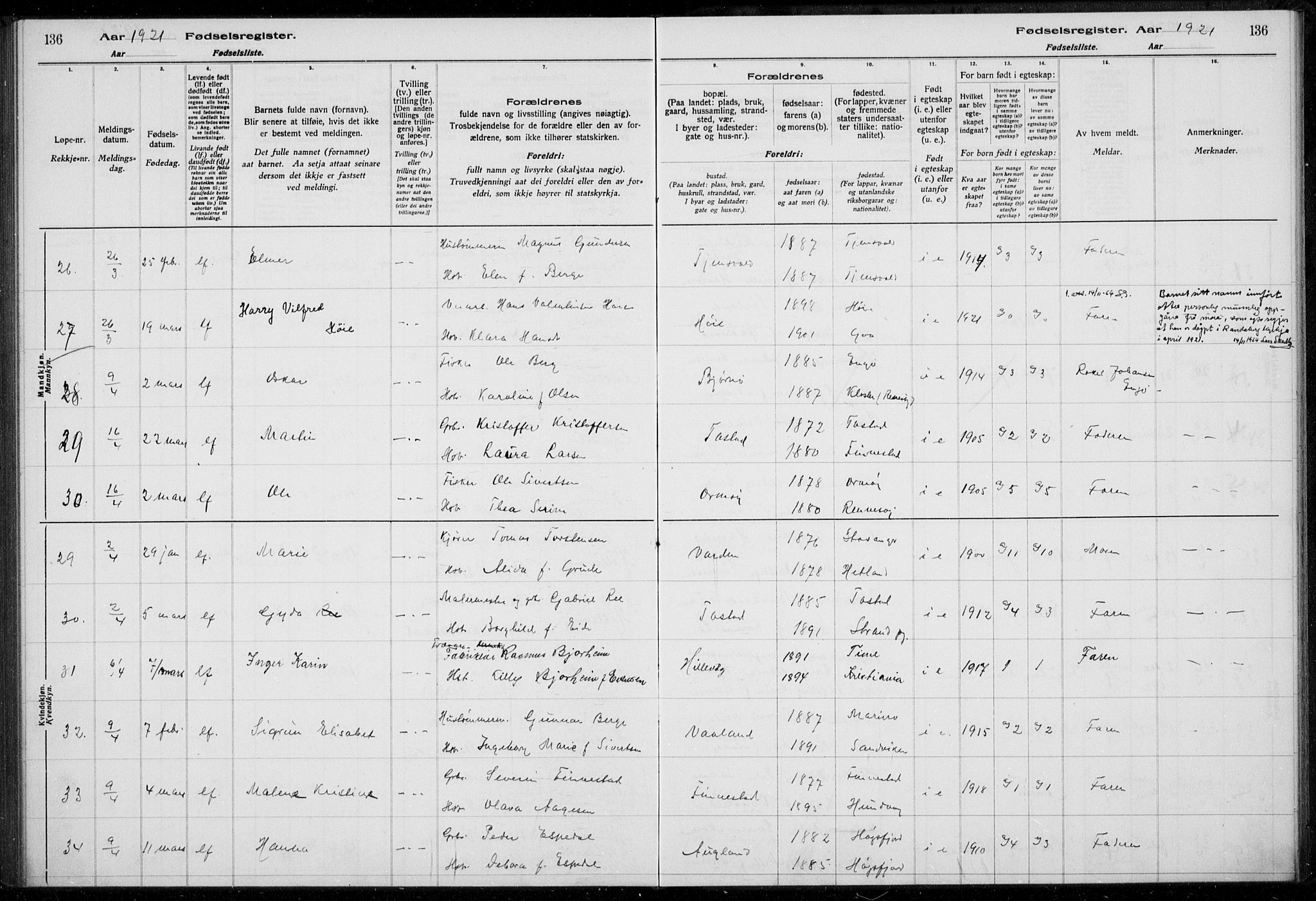 Hetland sokneprestkontor, AV/SAST-A-101826/70/704BA/L0003: Birth register no. 1, 1916-1923, p. 136