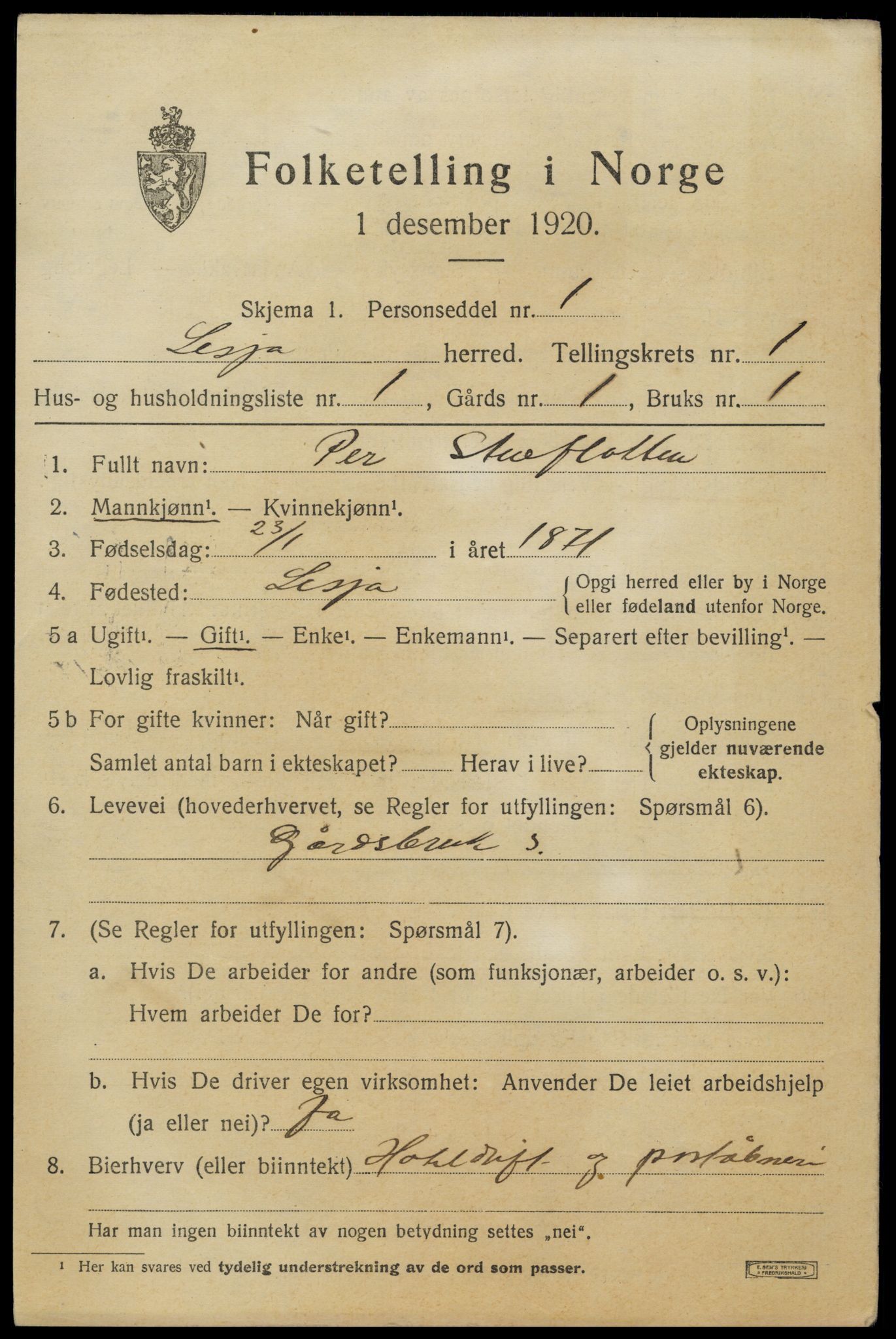 SAH, 1920 census for Lesja, 1920, p. 1046