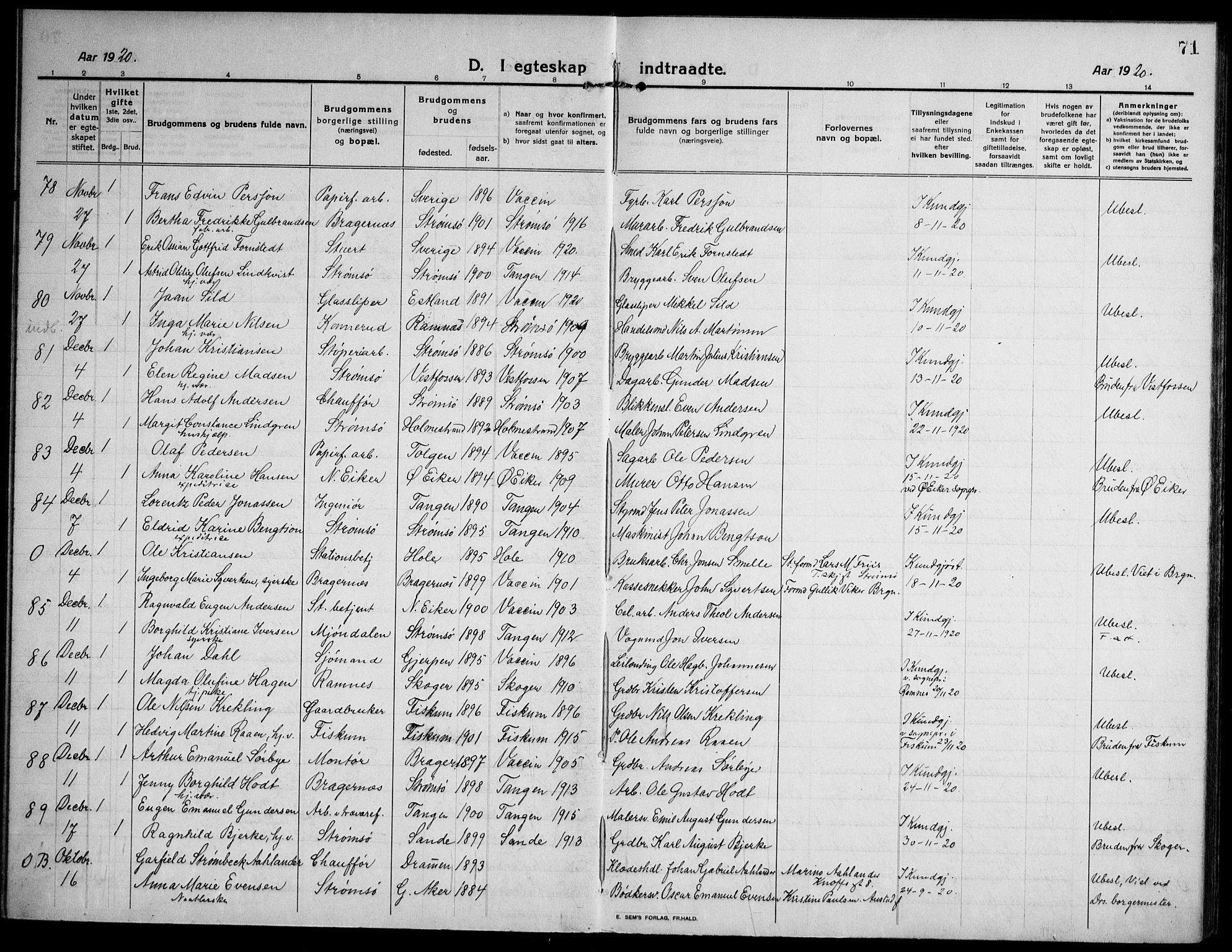 Strømsø kirkebøker, AV/SAKO-A-246/F/Fa/L0027: Parish register (official) no. I 28, 1912-1931, p. 71