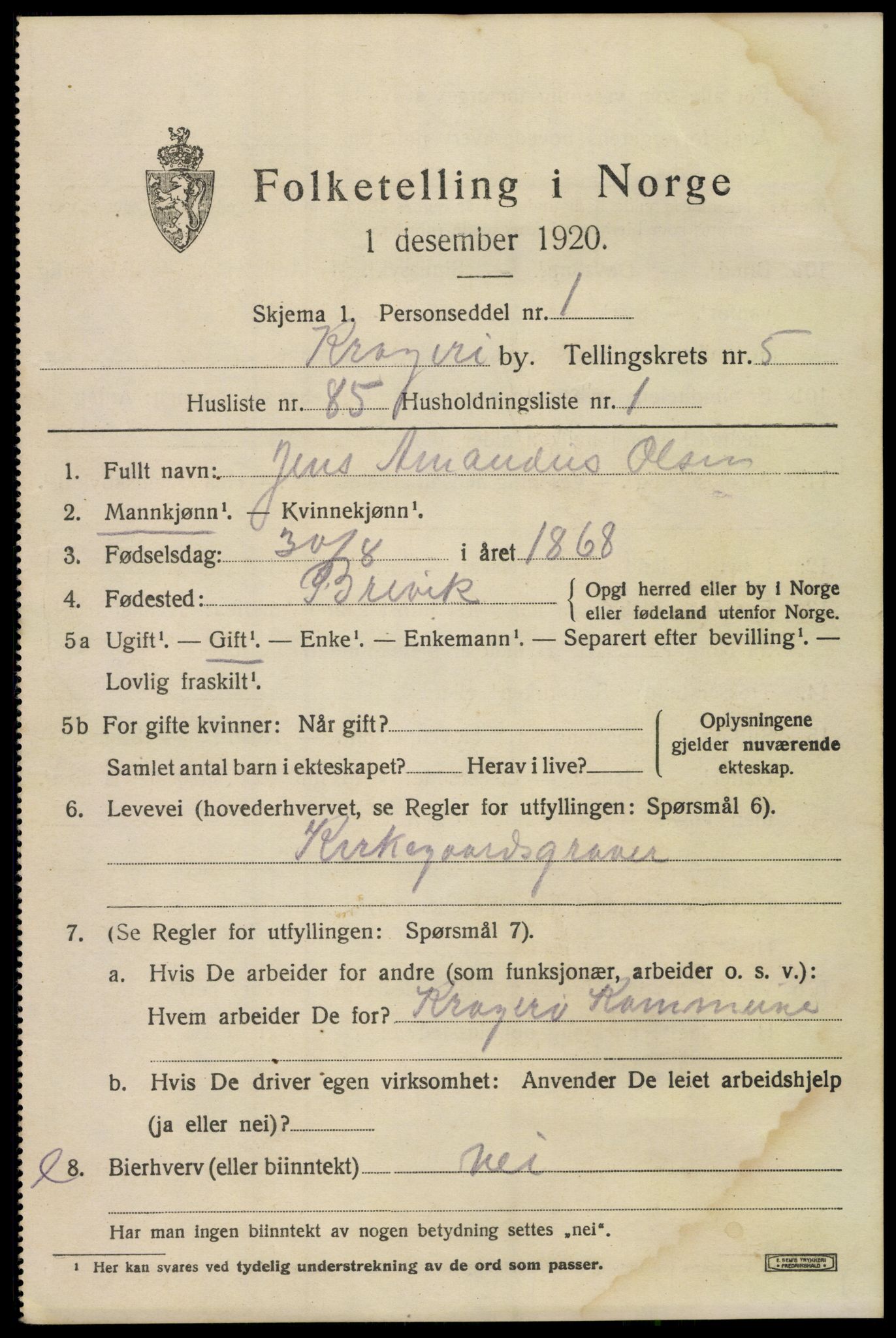 SAKO, 1920 census for Kragerø, 1920, p. 9037