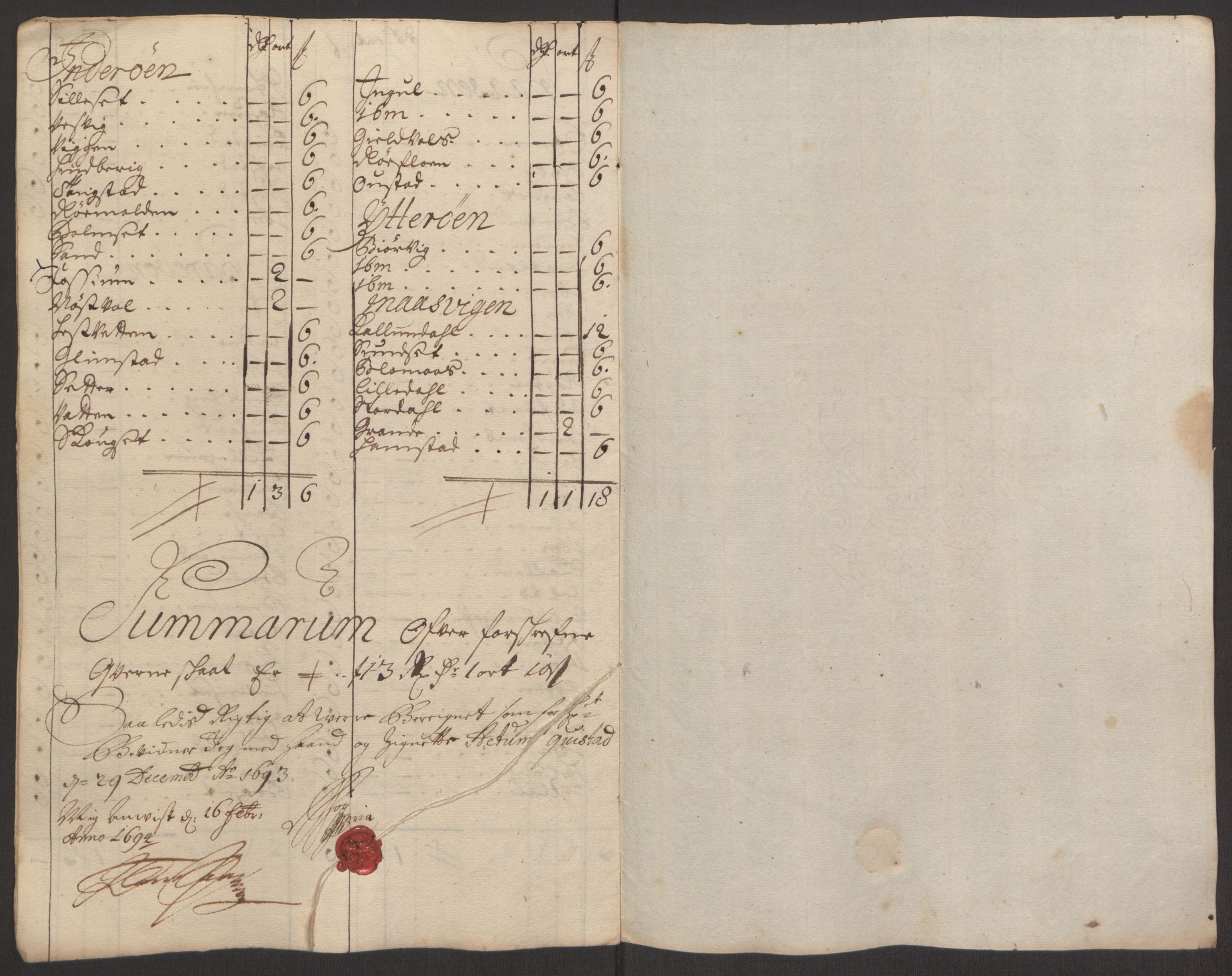 Rentekammeret inntil 1814, Reviderte regnskaper, Fogderegnskap, AV/RA-EA-4092/R63/L4308: Fogderegnskap Inderøy, 1692-1694, p. 429