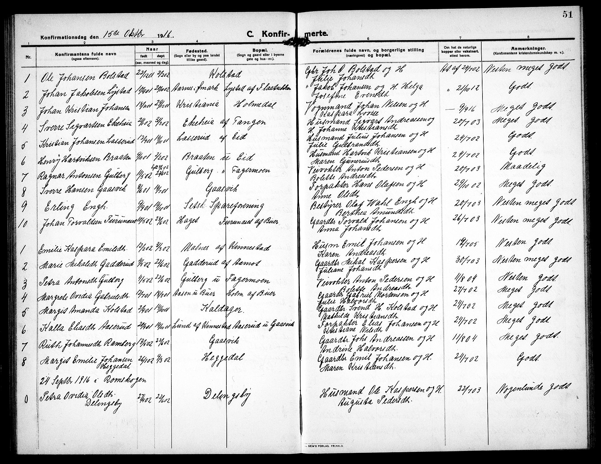Høland prestekontor Kirkebøker, SAO/A-10346a/G/Gc/L0002: Parish register (copy) no. III 2, 1912-1925, p. 51