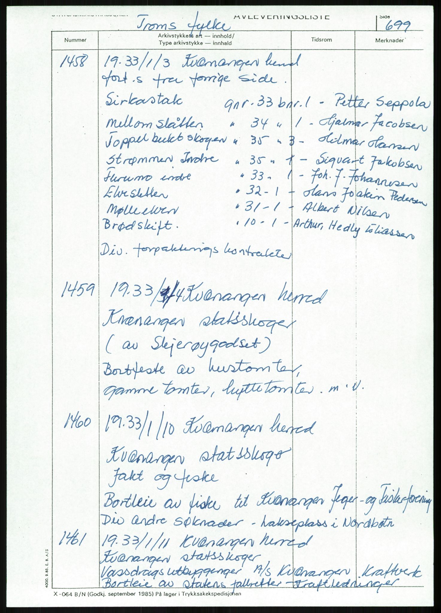 Direktoratet for statens skoger, AV/RA-S-1600/2/E/Eg/L0003: Arkivliste for 10.11-serien. Nord-Trøndelag til Finnmark fylke. Mappenr. 926 - 1505, 1957-1992, p. 511