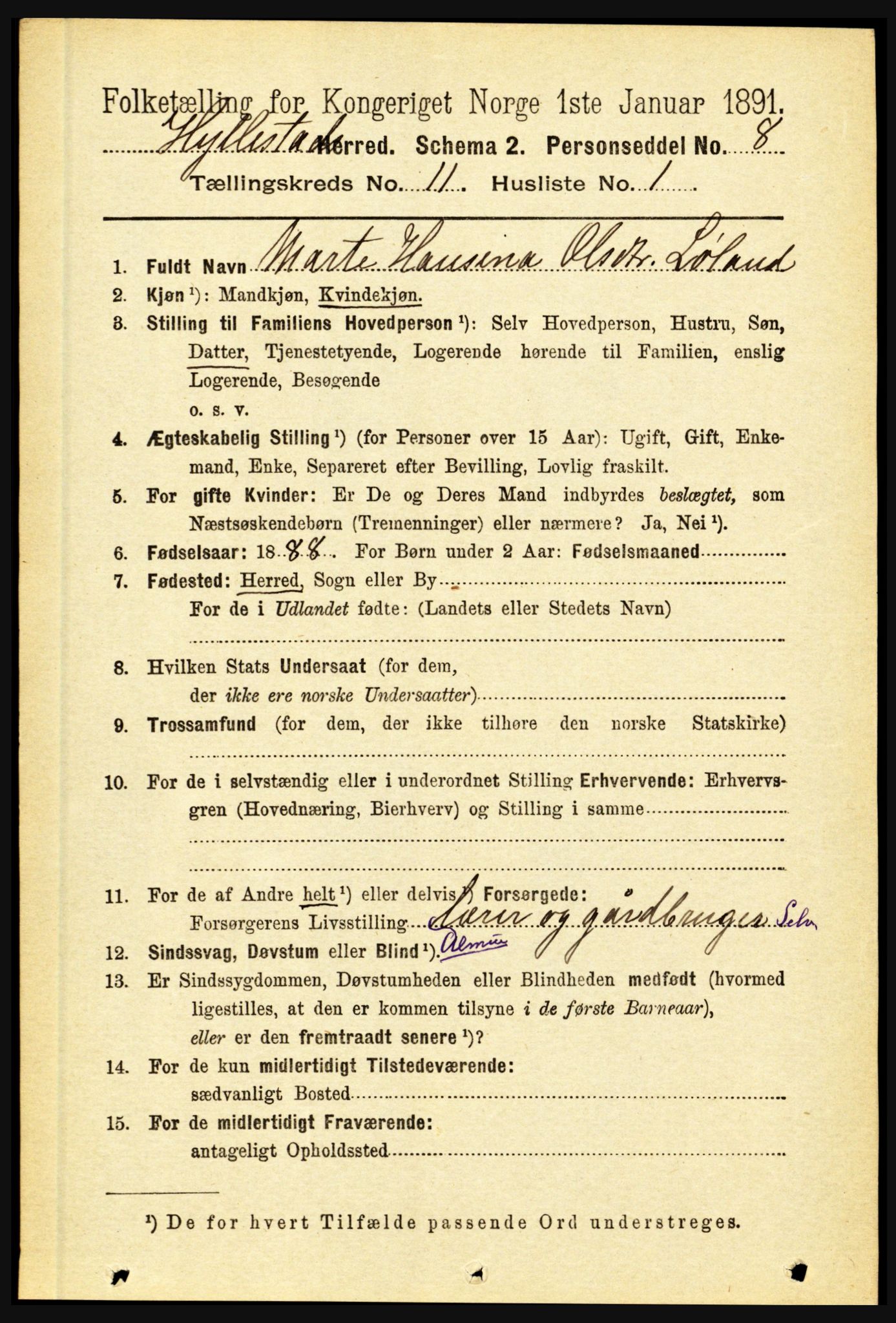 RA, 1891 census for 1413 Hyllestad, 1891, p. 2036