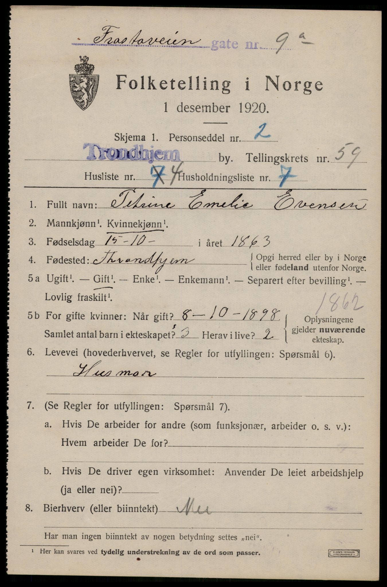 SAT, 1920 census for Trondheim, 1920, p. 116774