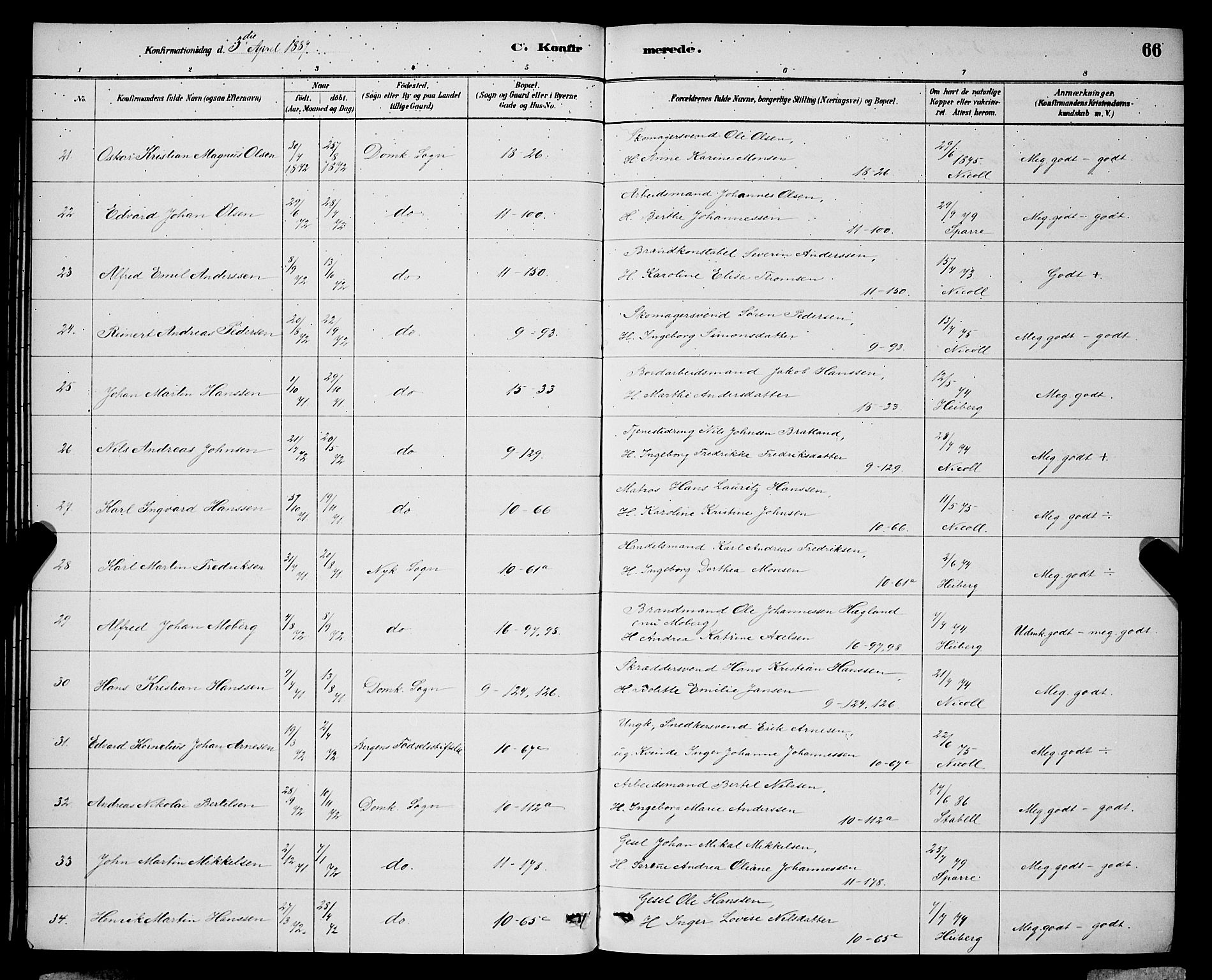 Domkirken sokneprestembete, AV/SAB-A-74801/H/Hab/L0024: Parish register (copy) no. C 4, 1880-1899, p. 66