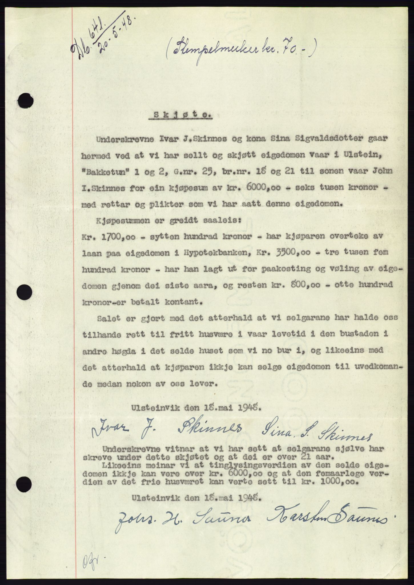 Søre Sunnmøre sorenskriveri, AV/SAT-A-4122/1/2/2C/L0082: Mortgage book no. 8A, 1948-1948, Diary no: : 641/1948